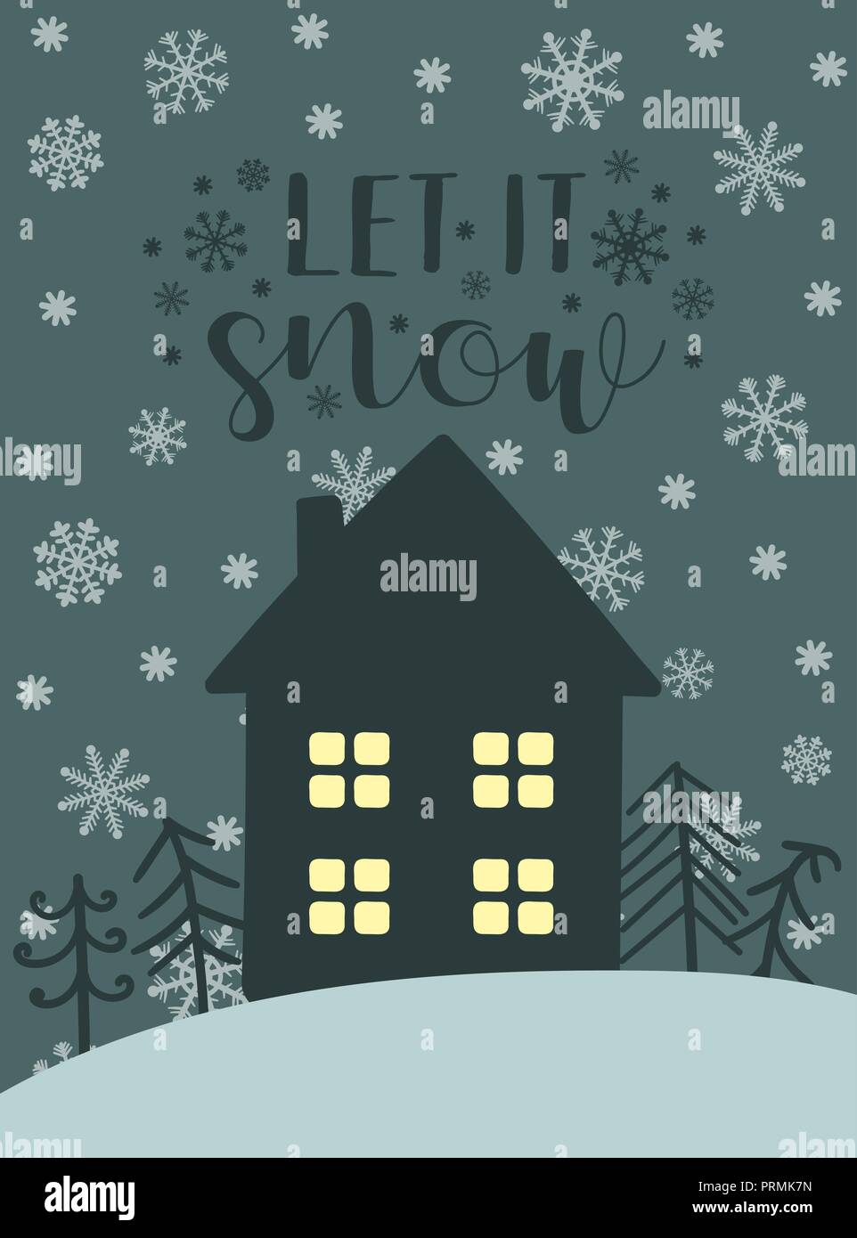 Vector illustration for new year. Hand-drawn image of a cartoon house with glowing windows on a background of the night sky with snowflakes. Inscripti Stock Vector