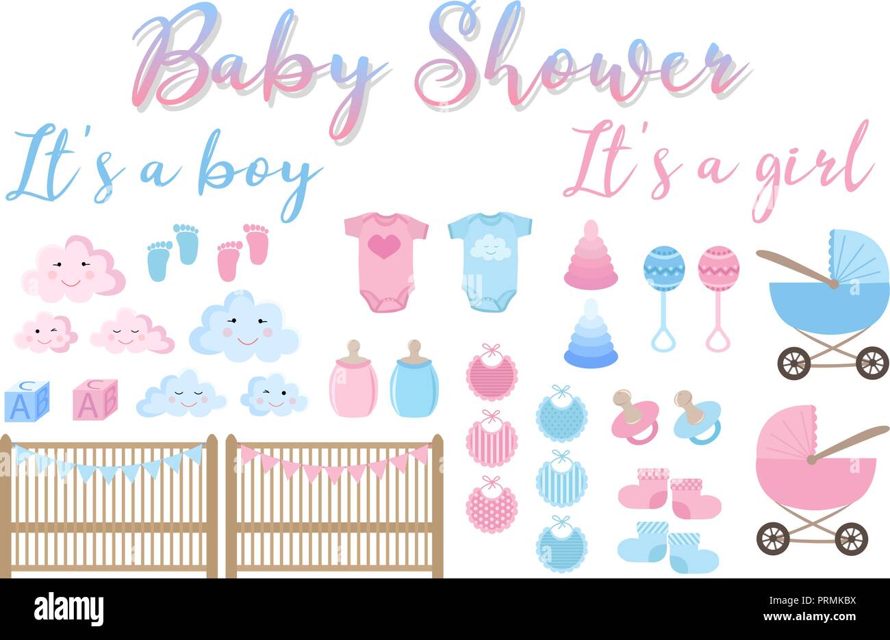 Vector Image Of An Invitation Card For Baby Shower Set Of Items For Greeting Cards For Newborn Boy And Girl Illustration For Boys And Girls In Blue Stock Vector Image Art