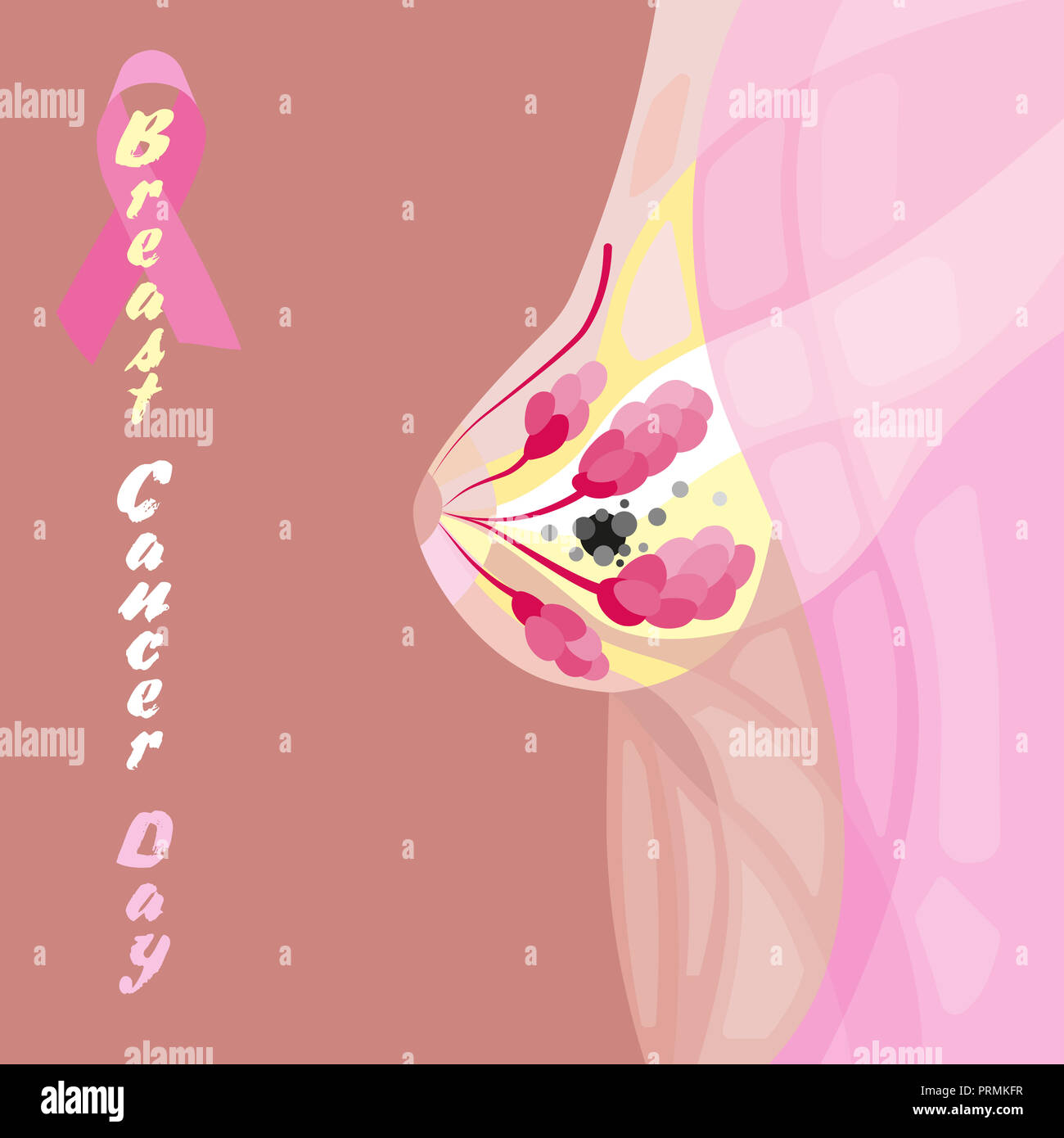 Breast cancer october awareness month campaign poster ribbon sign and woman silhouette over pink cause background. Stock Photo