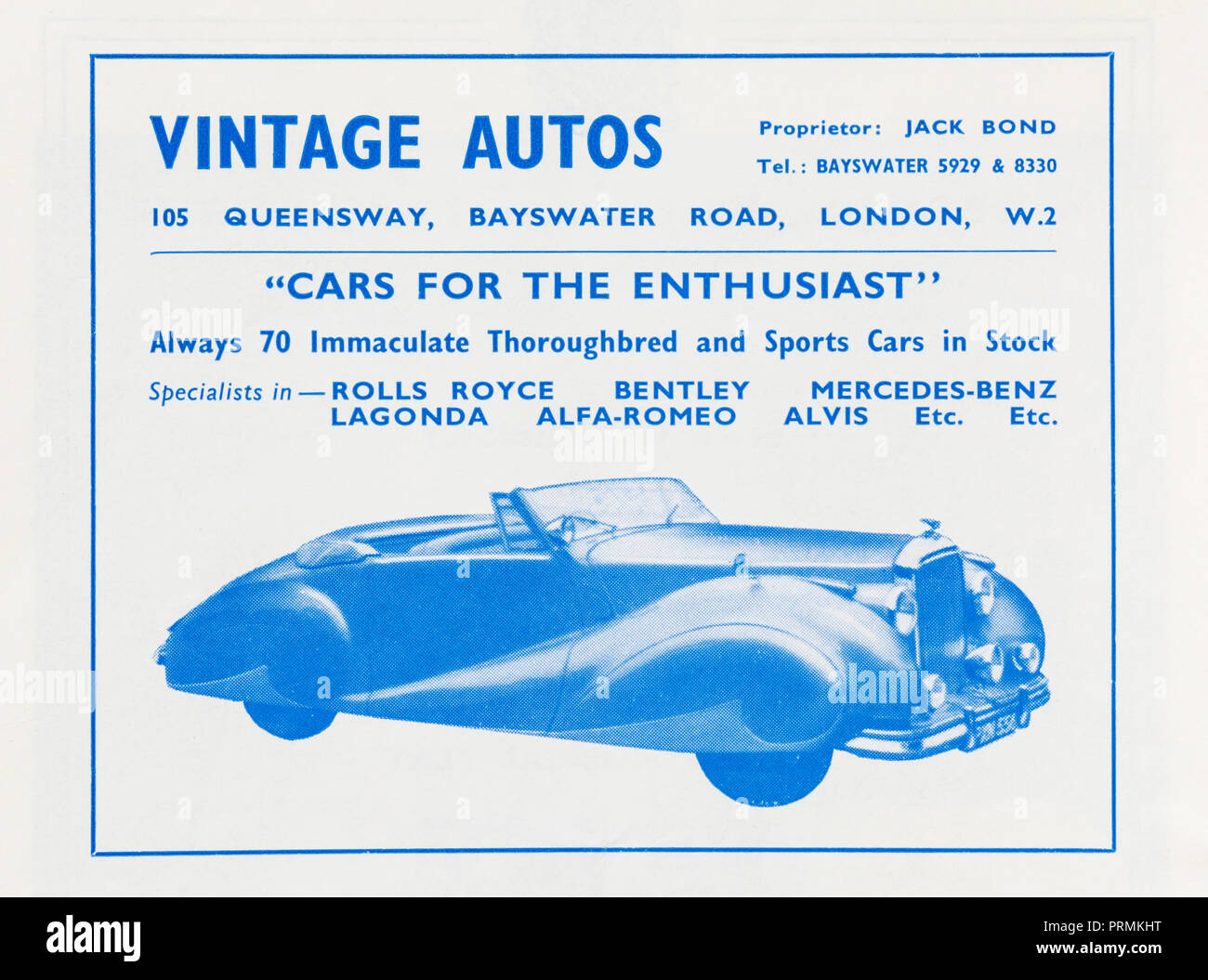 1956 advertisement for Vintage Autos car dealers in Queensway, London. Stock Photo