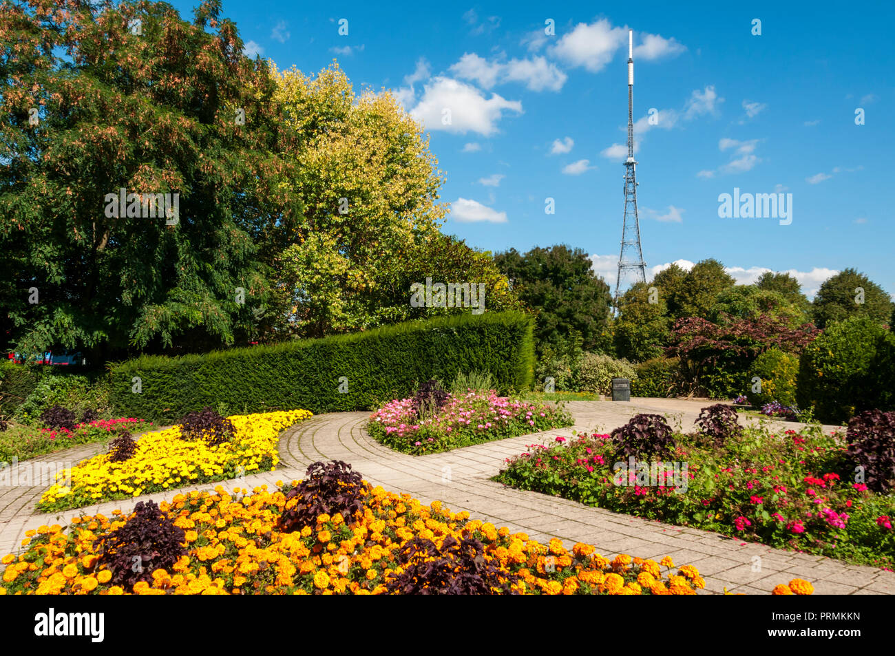 Crystal Palace TV aerial seen over colourful flower beds in Crystal Palace Park. Stock Photo