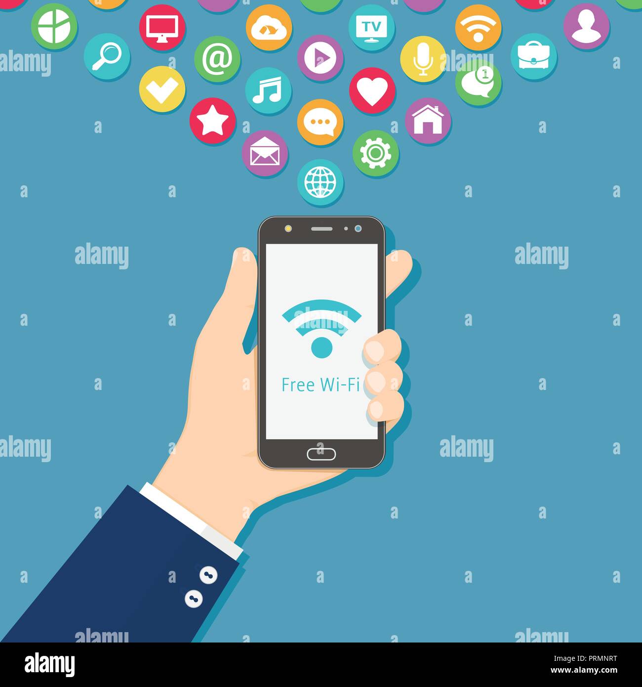 Hand holding smart phone with free wi-fi sign on screen. Free wi-fi flat design concept. Stock Vector