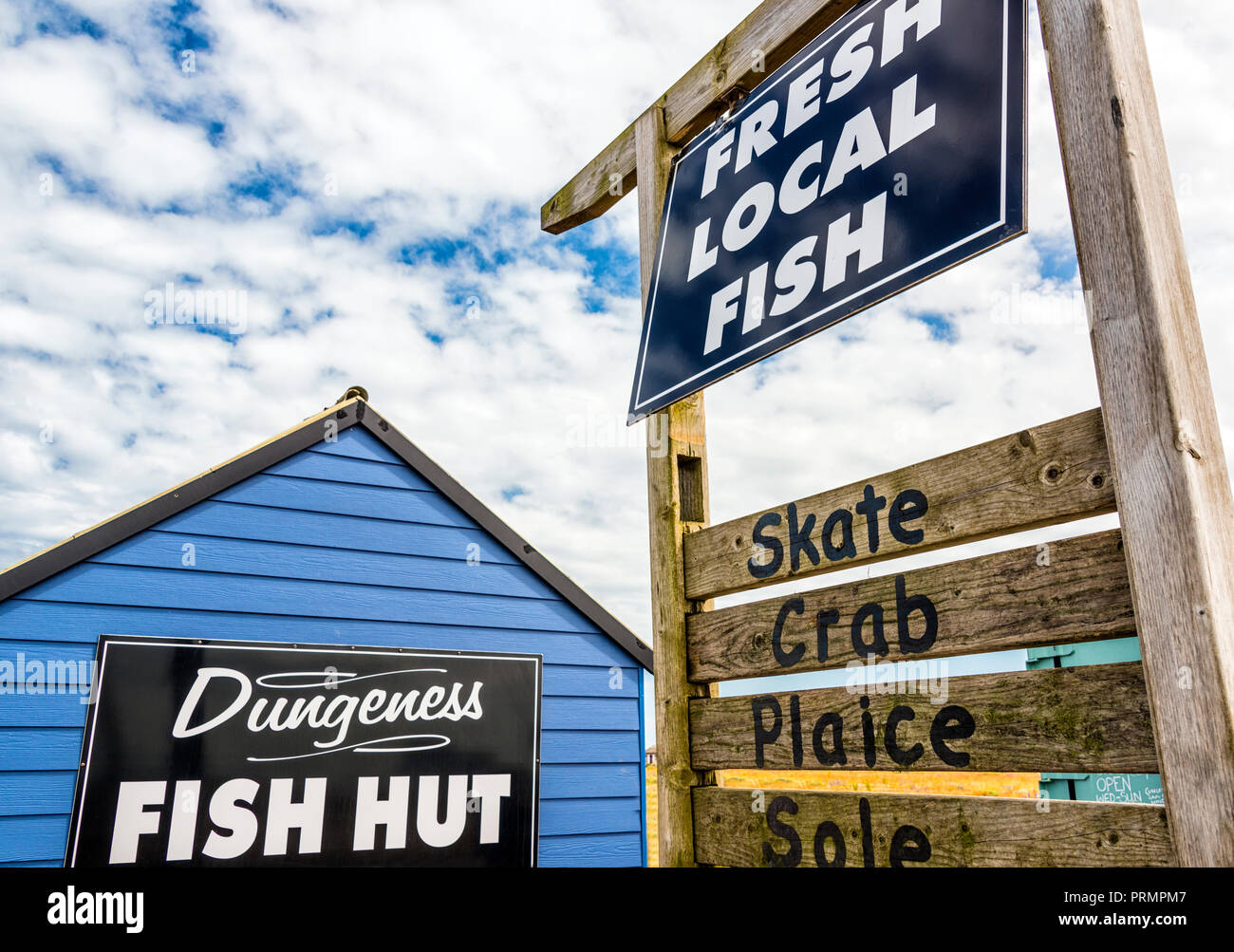 A fish hut selling fresh seafood at Dungeness beach, Kent, England