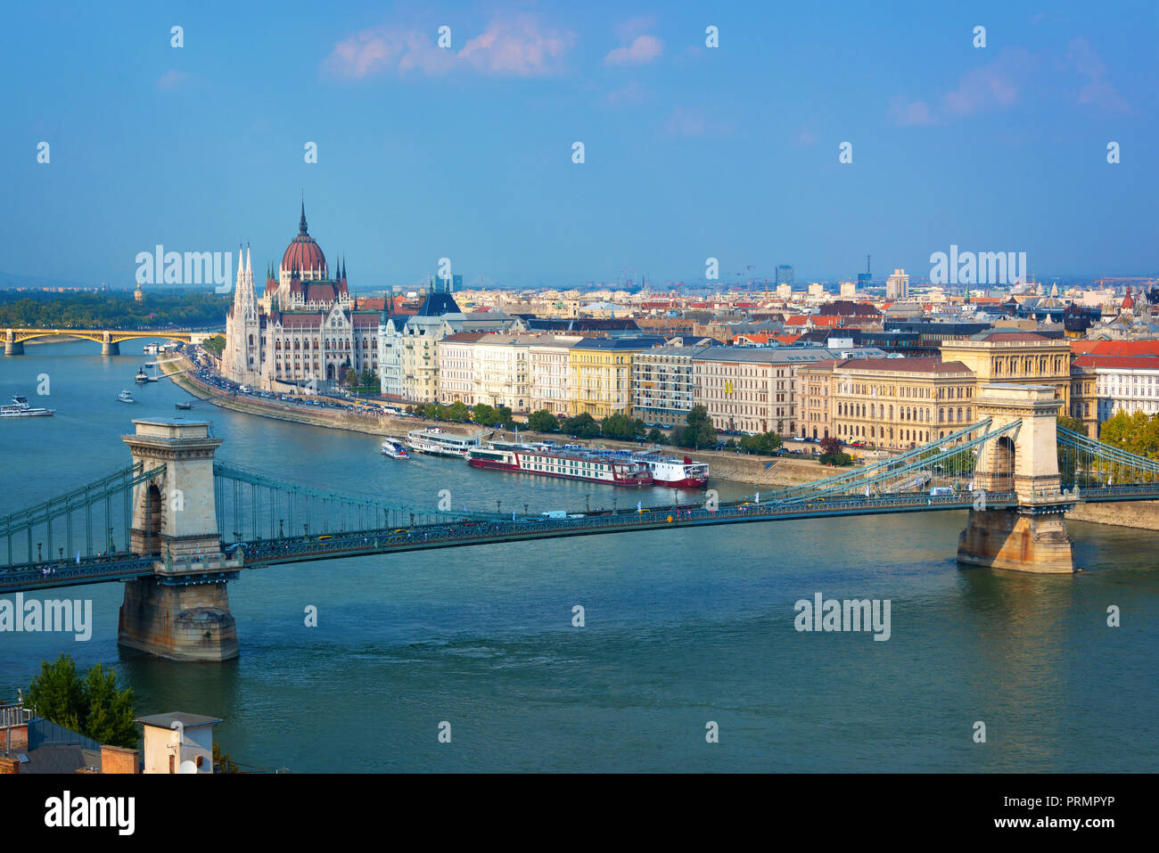 Aerial view of Budapest parliament and Chain bridge over Danube river, Hungary Stock Photo