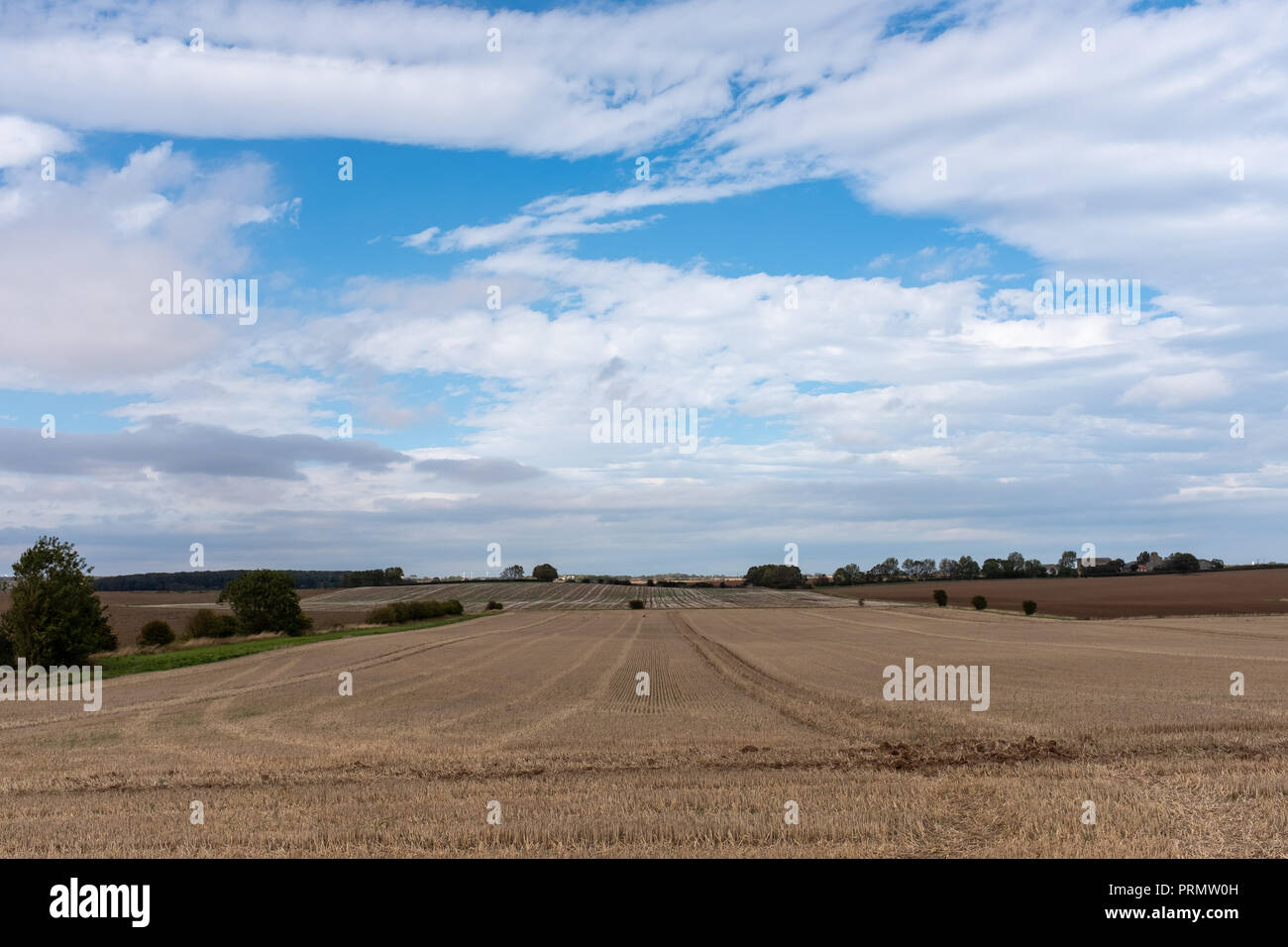 Shown in East Riding of Yorkshire is a freshly harvested field on a sunny autumn day with blue sky and rolling clouds Stock Photo