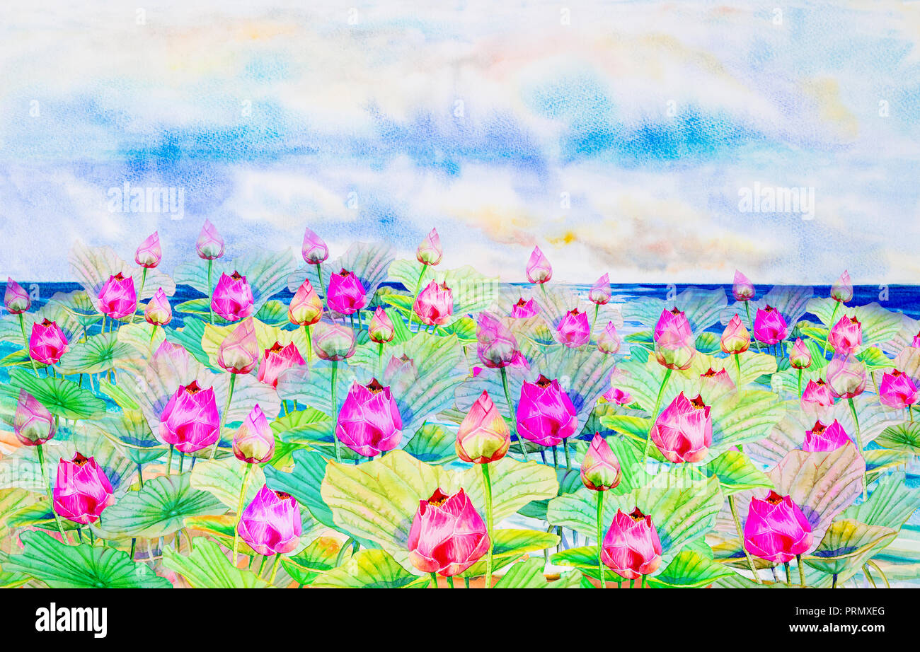 Watercolor painting seascape on paper colorful of louts flowers seaside and green leaves in sea sky,cloud background. Hand paintings illustration,beau Stock Photo