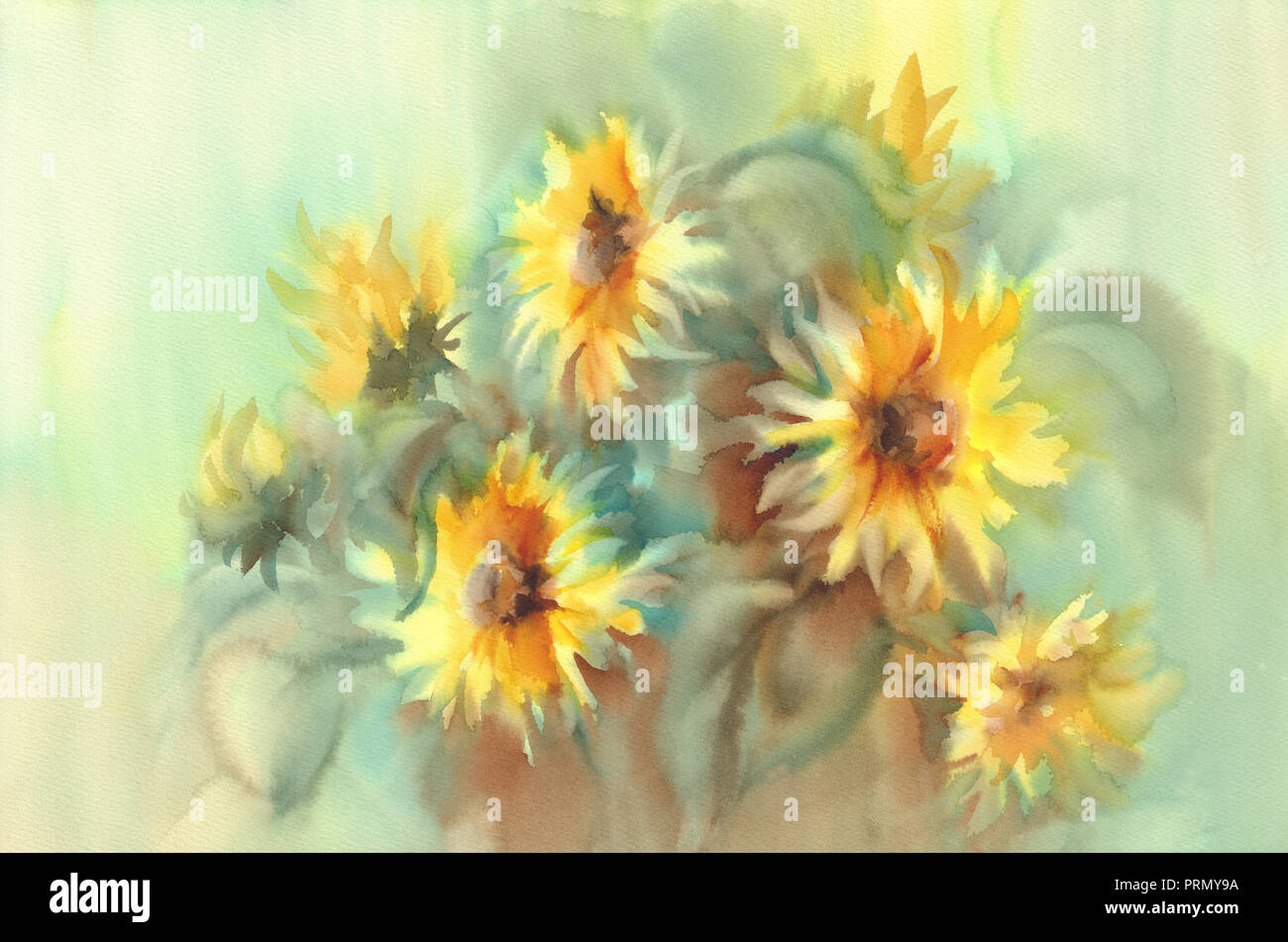 Sunny sunflowers on the yellow and green background watercolor Stock ...