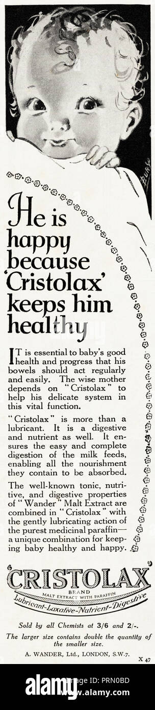 1930s old vintage original advert advertising baby food by Cristolax in English magazine circa 1932 Stock Photo