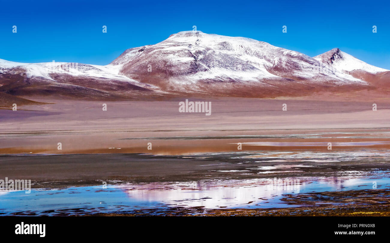 Alpine lakes and the snow-capped volcano in the Bolivian Andes. Bolivian altiplano. Natural panoramic landscape Stock Photo