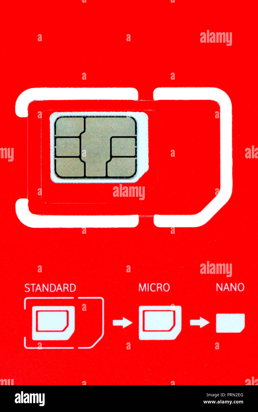 Telephone Sim card showing different sizes - standard, micro and nano Stock Photo