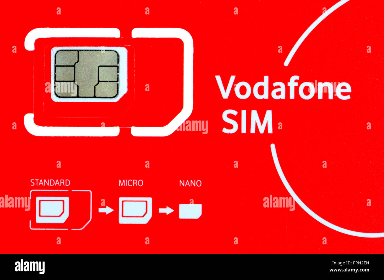 Vodafone Telephone Sim card showing different sizes - standard, micro and nano Stock Photo
