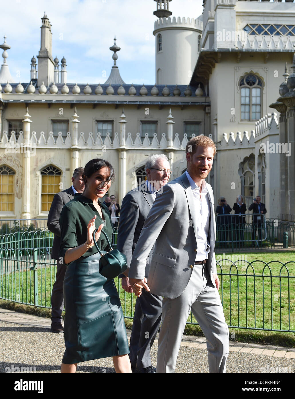 Brighton UK 3rd October 2018 - The Duke and Duchess of Sussex hold hands after visiting the Royal Pavilion in Brighton today as part of their first visit to the county where they have been to Chichester and Bognor as well as Brighton Credit: Simon Dack/Alamy Live News Stock Photo