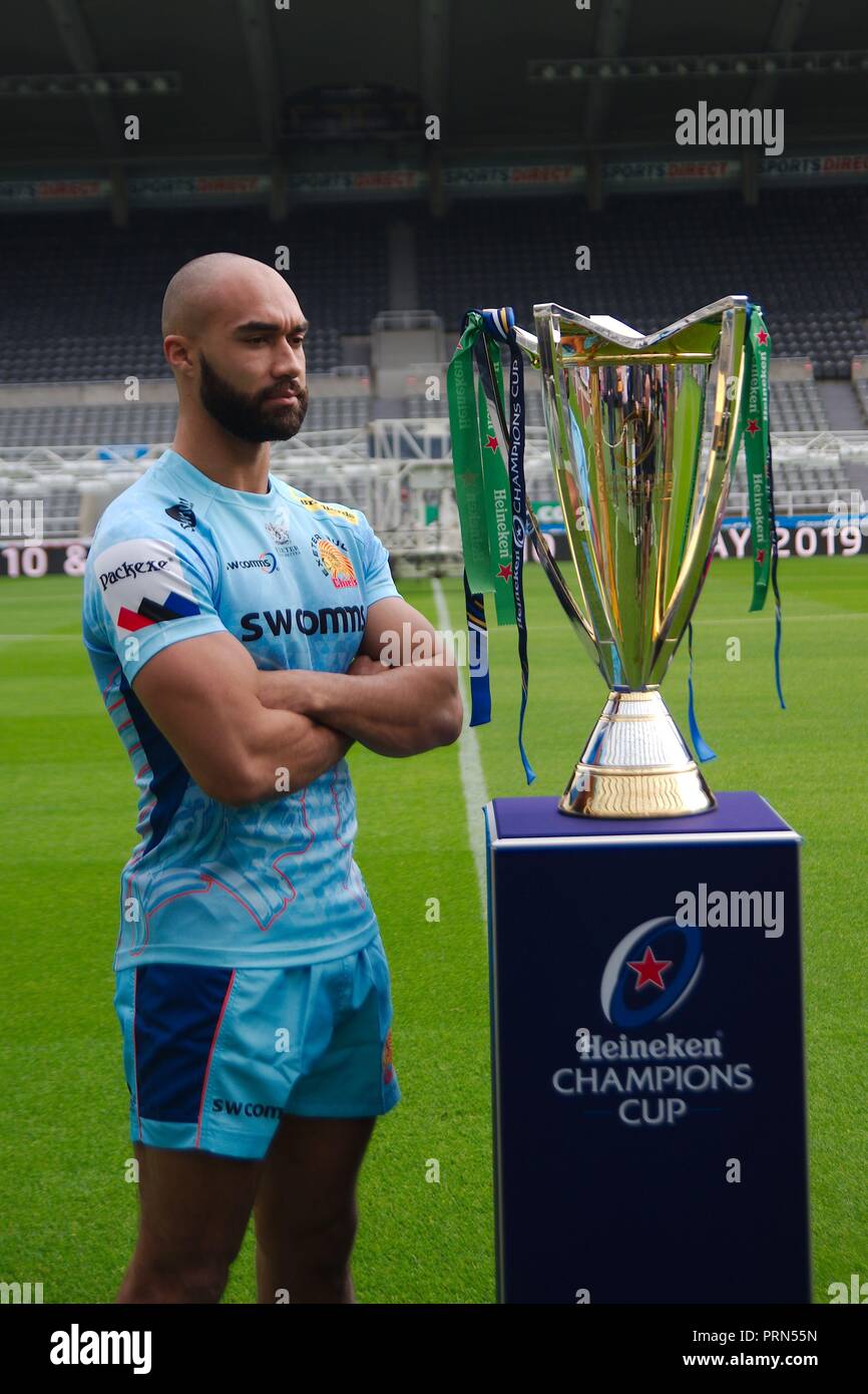 Newcastle upon Tyne, England, 3 October 2018. Gallagher Premiership player Olly Woodburn of Exeter Chiefs with the trophy at the launch of the 2018/2019 Heineken Champions Cup at St James Park, Newcastle. Credit: Colin Edwards/Alamy Live News. Stock Photo