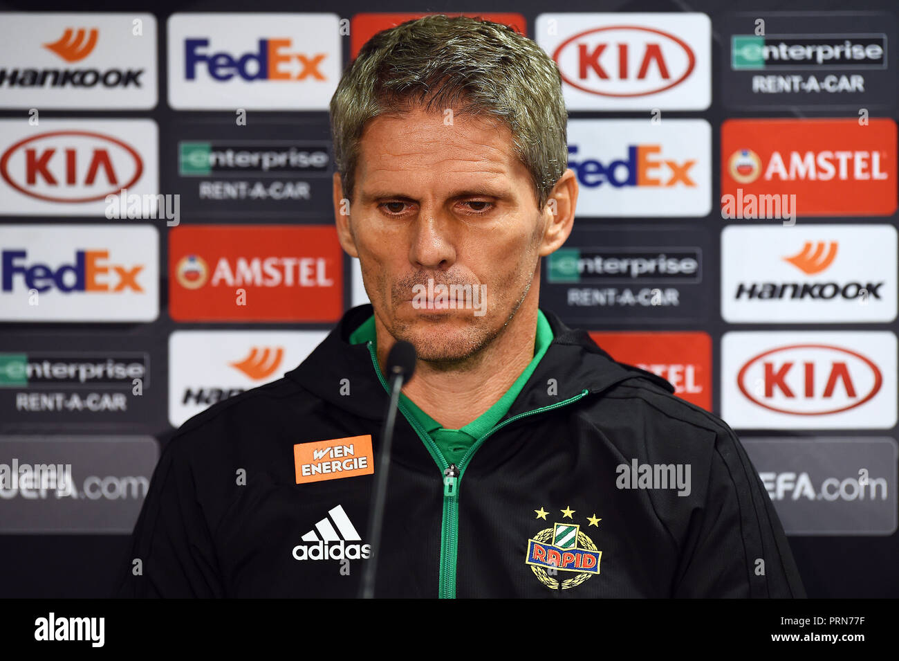 Glasgow, Scotland. Wednesday 3rd October 2018.   Rapid Wein manager Dietmar Kühbauer addresses the media at a press conference ahead of their Europa League Matchday 2 match against Glasgow Rangers at Ibrox Stadium, Glasgow, Scotland on Wednesday 3rd October 2018 2018.   Picture Andy Buchanan Credit: Andy Buchanan/Alamy Live News Stock Photo