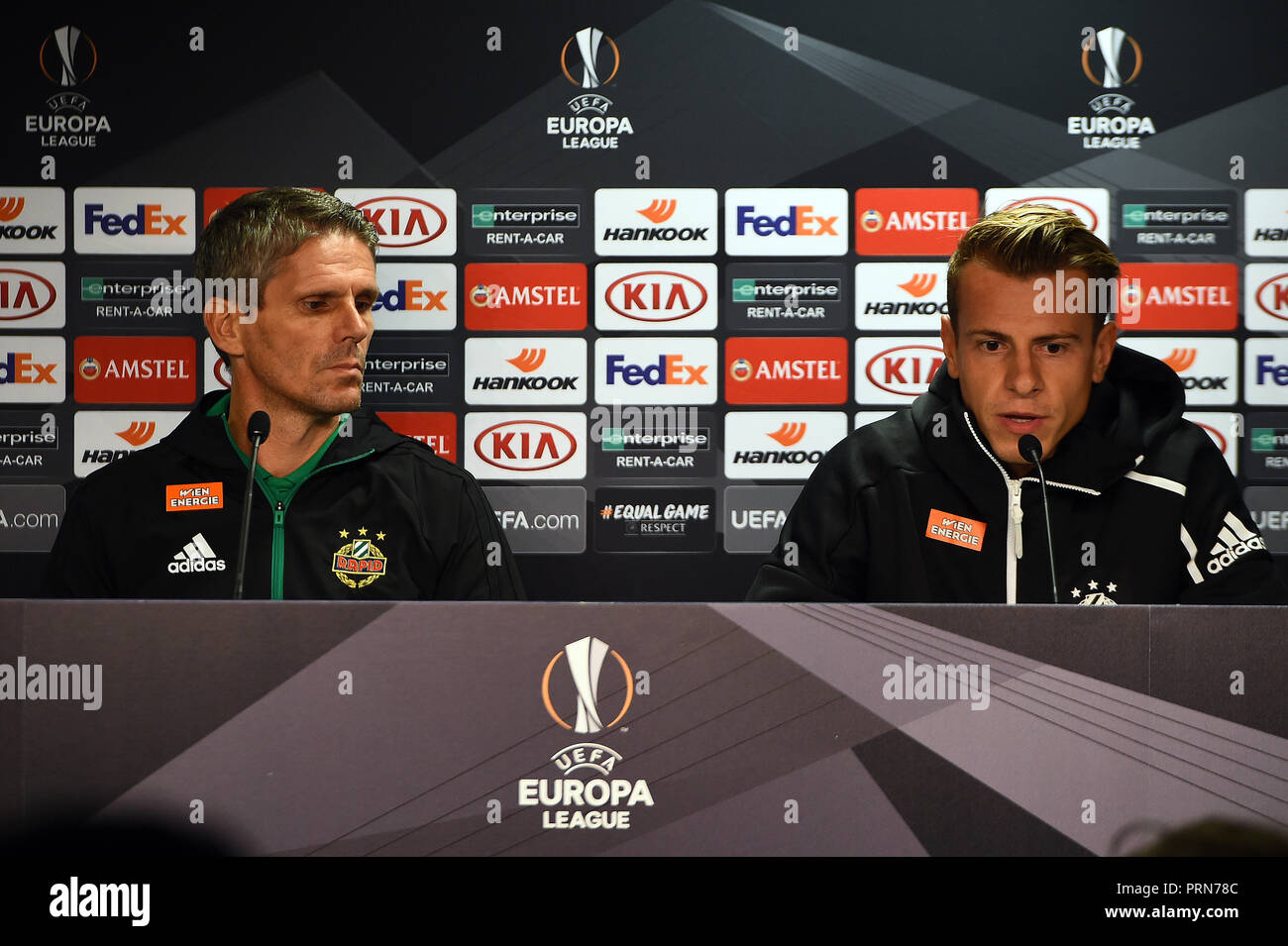 Glasgow, Scotland. Wednesday 3rd October 2018.   Rapid Wein manager Dietmar Kühbauer and club captain Stefan Schwab address the media at a press conference ahead of their Europa League Matchday 2 match against Glasgow Rangers at Ibrox Stadium, Glasgow, Scotland on Wednesday 3rd October 2018 2018.   Picture Andy Buchanan Credit: Andy Buchanan/Alamy Live News Stock Photo