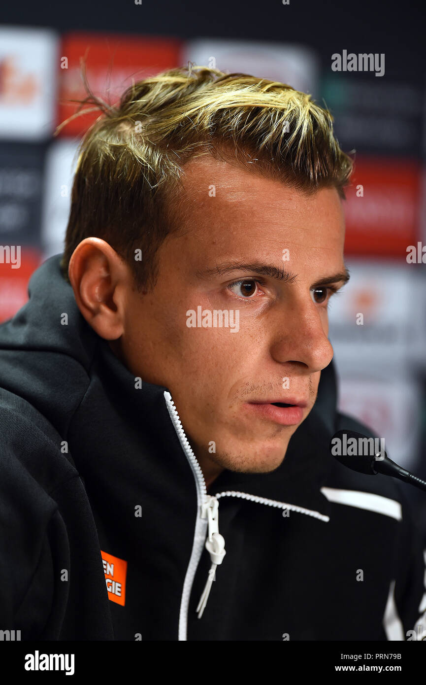Glasgow, Scotland. Wednesday 3rd October 2018.   Rapid Wein club captain Stefan Schwab addresses the media at a press conference ahead of their Europa League Matchday 2 match against Glasgow Rangers at Ibrox Stadium, Glasgow, Scotland on Wednesday 3rd October 2018 2018.   Picture Andy Buchanan Credit: Andy Buchanan/Alamy Live News Stock Photo