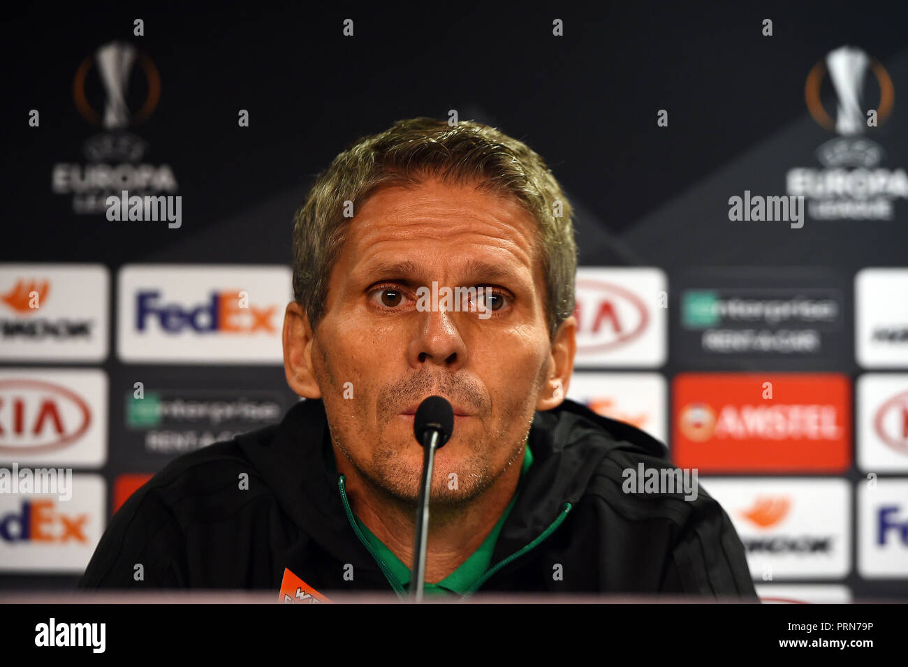 Glasgow, Scotland. Wednesday 3rd October 2018.   Rapid Wein manager Dietmar KŸhbauer addresses the media at a press conference ahead of their Europa League Matchday 2 match against Glasgow Rangers at Ibrox Stadium, Glasgow, Scotland on Wednesday 3rd October 2018 2018.   Picture Andy Buchanan Credit: Andy Buchanan/Alamy Live News Stock Photo