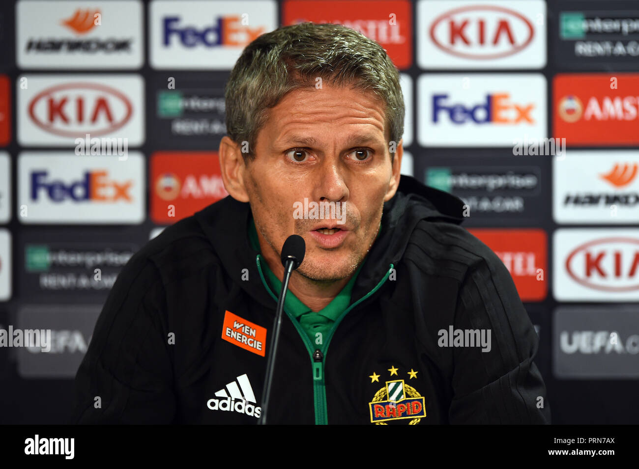 Glasgow, Scotland. Wednesday 3rd October 2018.   Rapid Wein manager Dietmar Kühbauer addresses the media at a press conference ahead of their Europa League Matchday 2 match against Glasgow Rangers at Ibrox Stadium, Glasgow, Scotland on Wednesday 3rd October 2018 2018.   Picture Andy Buchanan Credit: Andy Buchanan/Alamy Live News Stock Photo
