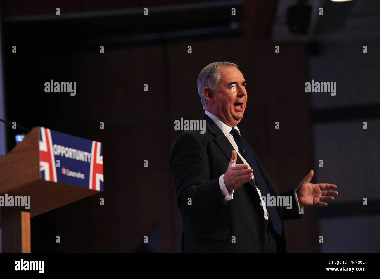 Birmingham, England. 3rd October, 2018.  Geoffrey Cox MP, Attorney General , speaking before keynote speech of Theresa May MP, Prime Minister and Leader of the Conservative Party, on the closing session of the fourth day of the Conservative Party annual conference at the ICC.  Kevin Hayes/Alamy Live News Stock Photo