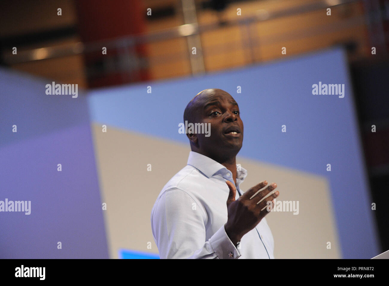 Birmingham, England. 3rd October, 2018.  Shaun Bailey who has been selected as the Conservative candidate for Mayor of London, speaking before the  keynote speech of Theresa May MP, Prime Minister and Leader of the Conservative Party, on the closing session of the fourth day of the Conservative Party annual conference at the ICC.  Kevin Hayes/Alamy Live News Stock Photo
