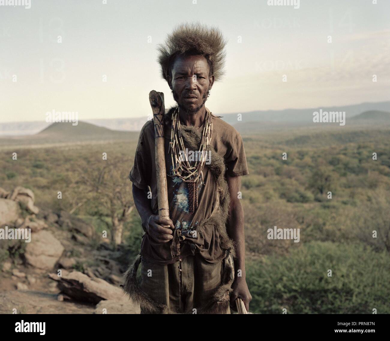 October 3, 2018 - Lake Eyasi, Ngorongoro district, Tanzania - Alagu (68), is carrying his axe to look for honey inside the trees.The Hadza are one of the last remaining societies, which remain in the world, that survive purely from hunting and gathering. Very little has changed in the way the Hadza live their lives. But it has become increasingly harder for them to pursue the Hadza way of life. Either the Hadza will find a way to secure their land-rights to have access to unpolluted water springs and wild animals, or the Hadzabe lifestyle will disappear, with the majority of them ending up as Stock Photo