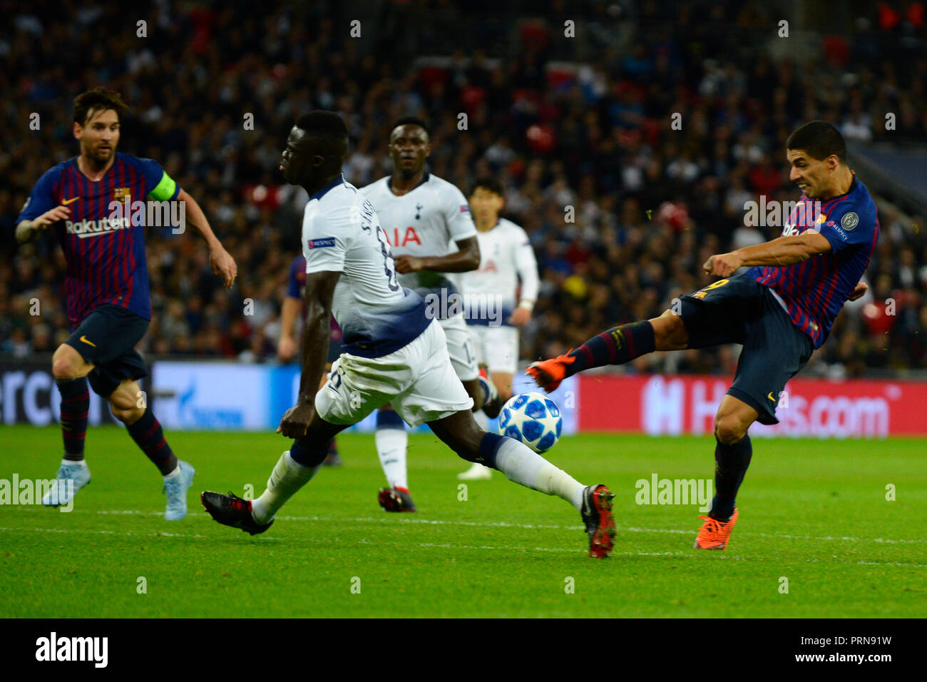 Luis Suarez of Barcelona shooting to goal Group B match of the UEFA  Champions League between Tottenham Hotspurs and FC Barcelona at Wembley  Stadium on October 03, 2018 in London, England Stock