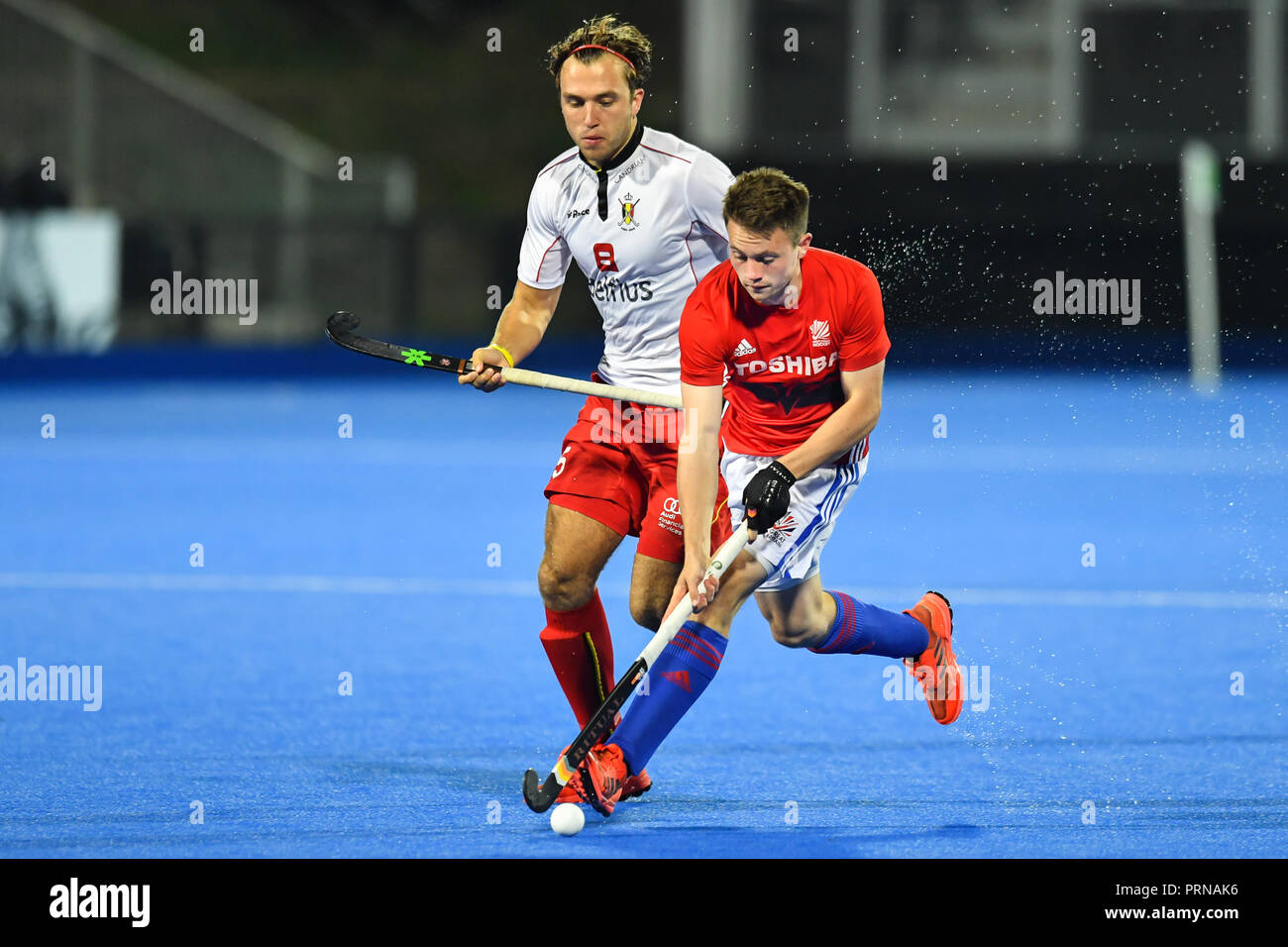 London, UK. 3rd October, 2018. WALLACE Zachary GBR and STOCKBROEKX Emmanuel of Belgium during the Anniversary International in partnership with Toshiba TVs: the 2018 Men's Test Matches between Great Britain and Belgium on Wednesday, 03 October 2018. London, England. (Editorial use only, license required for commercial use. No use in betting, games or a single club/league/player publications.) Credit: Taka Wu/Alamy Live News Stock Photo