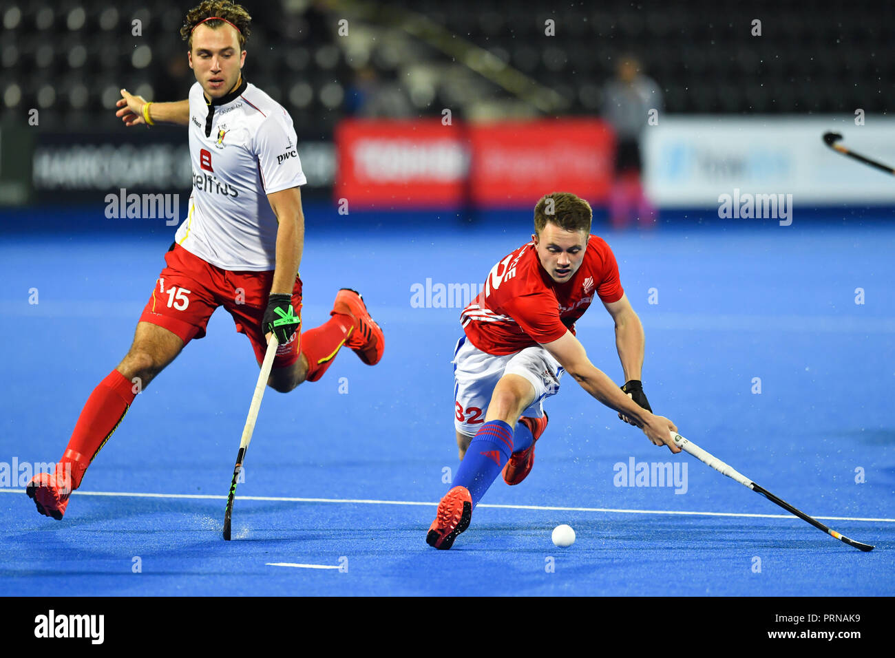 London, UK. 3rd October, 2018. WALLACE Zachary GBR and STOCKBROEKX Emmanuel of Belgium during the Anniversary International in partnership with Toshiba TVs: the 2018 Men's Test Matches between Great Britain and Belgium on Wednesday, 03 October 2018. London, England. (Editorial use only, license required for commercial use. No use in betting, games or a single club/league/player publications.) Credit: Taka Wu/Alamy Live News Stock Photo
