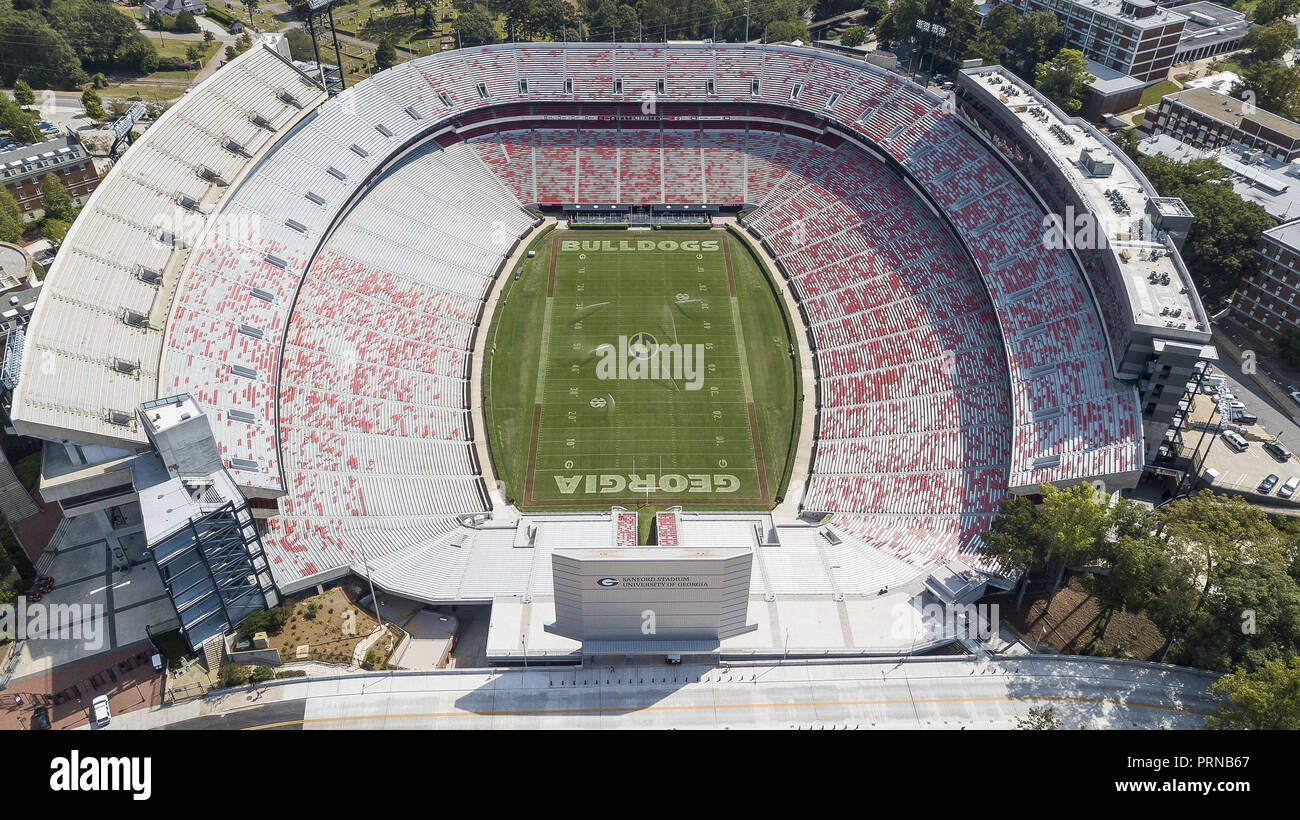 Athens, Georgia, USA. 3rd Oct, 2018. October 03, 2018 - Athens, Georgia, USA: Aerial views of Sanford Stadium, which is the on-campus playing venue for football at the University of Georgia in Athens, Georgia, United States. The 92,746-seat stadium is the tenth-largest stadium in the NCAA. Credit: Walter G Arce Sr Asp Inc/ASP/ZUMA Wire/Alamy Live News Stock Photo