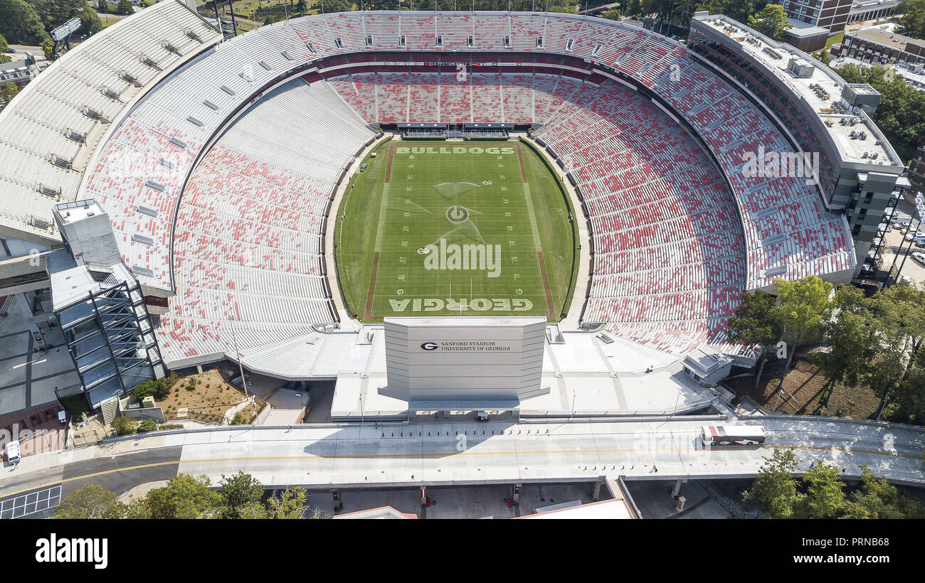 Athens, Georgia, USA. 3rd Oct, 2018. October 03, 2018 - Athens, Georgia, USA: Aerial views of Sanford Stadium, which is the on-campus playing venue for football at the University of Georgia in Athens, Georgia, United States. The 92,746-seat stadium is the tenth-largest stadium in the NCAA. Credit: Walter G Arce Sr Asp Inc/ASP/ZUMA Wire/Alamy Live News Stock Photo