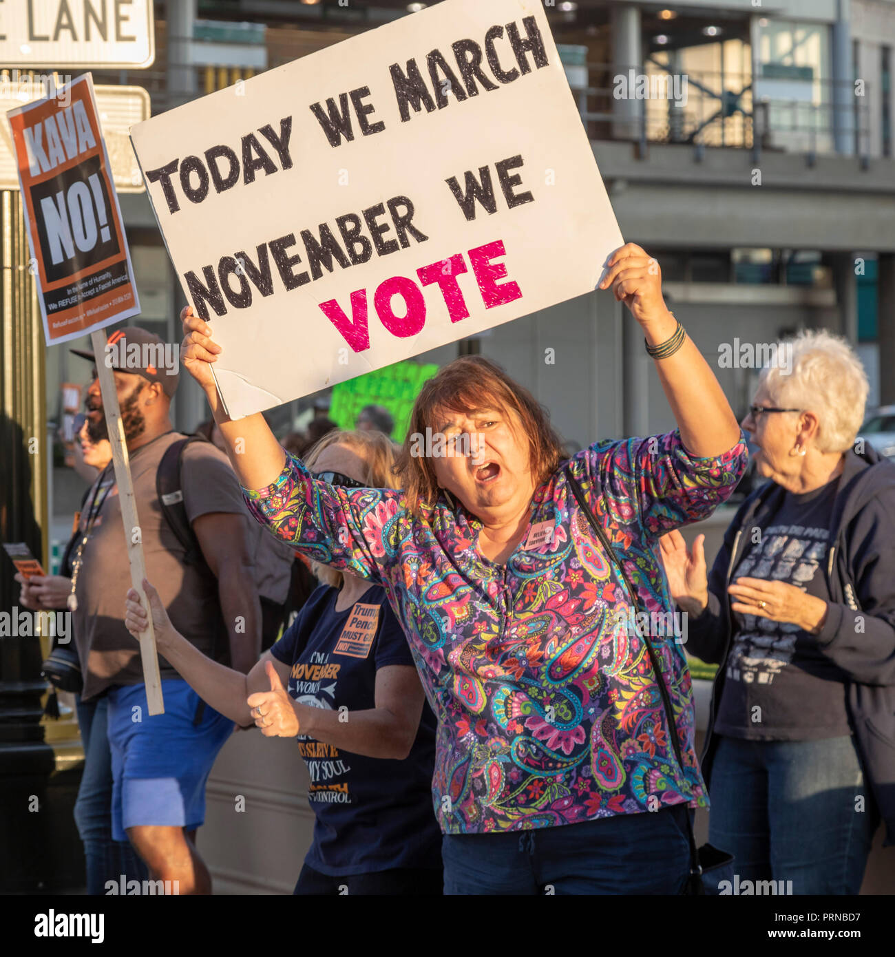 Detroit, Michigan USA - 3 October 2018 - People gathered at the McNamara Federal Building to oppose the confirmation of Brett Kavanaugh to the Supreme Court. The rally was organized by MoveOn.org. Credit: Jim West/Alamy Live News Stock Photo
