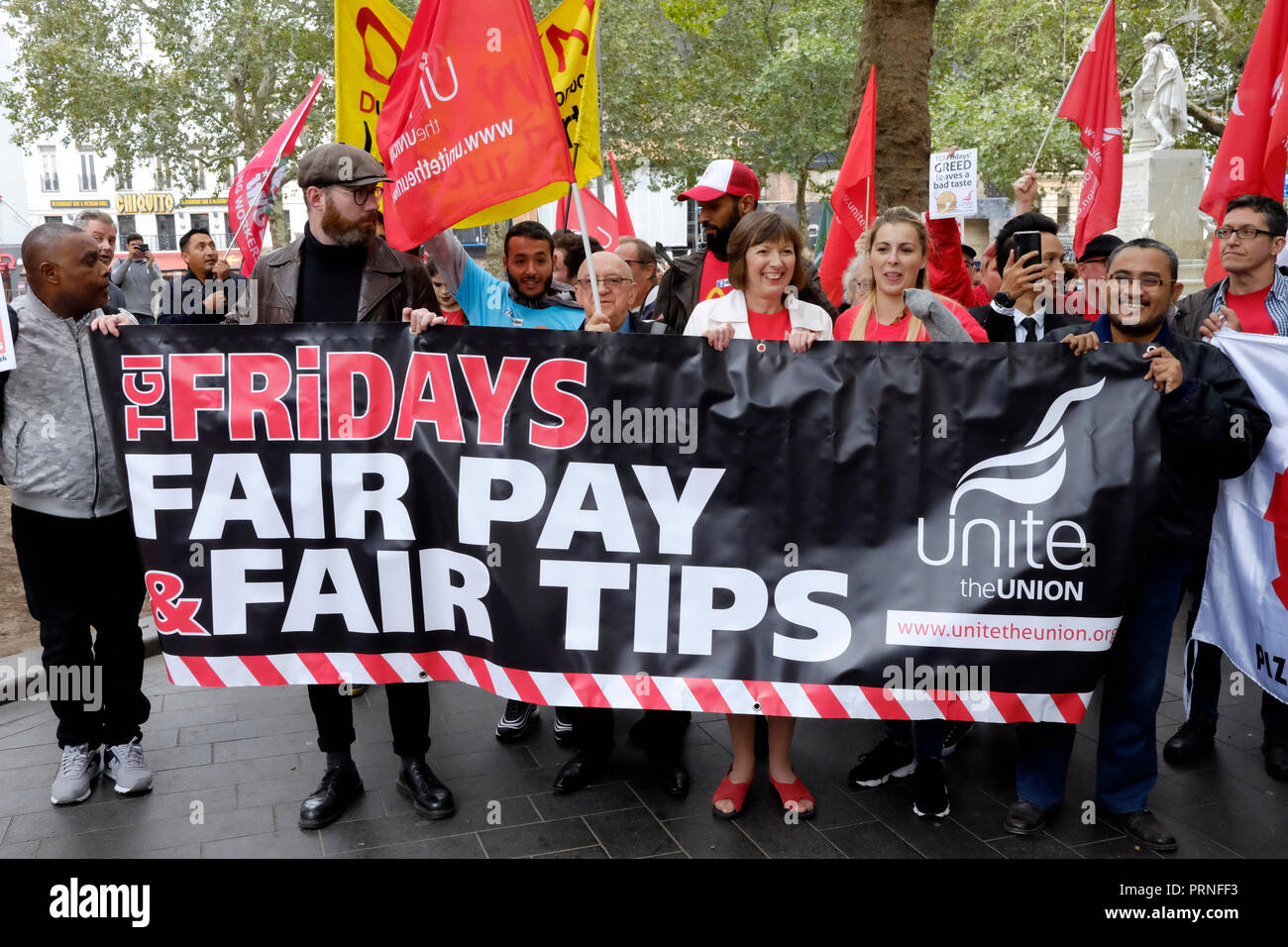 London, UK, 4th October 2018. McDonald’s, wetherspoons, TGI Fridays alongside Delivroo and Uber eats riders rally in Leicester Square, demanding better working conditions, and £10 an hour. Credit: Yanice Idir / Alamy Live News Stock Photo