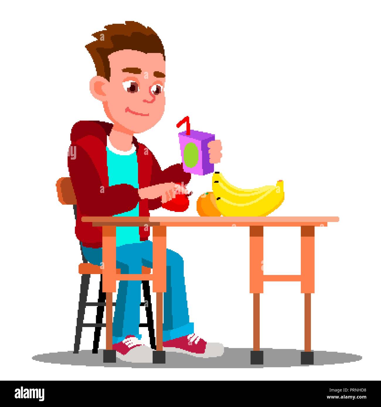 Child At The Dinner Table With Fruit And Juice In Hand Vector. Food. Isolated Illustration Stock Vector