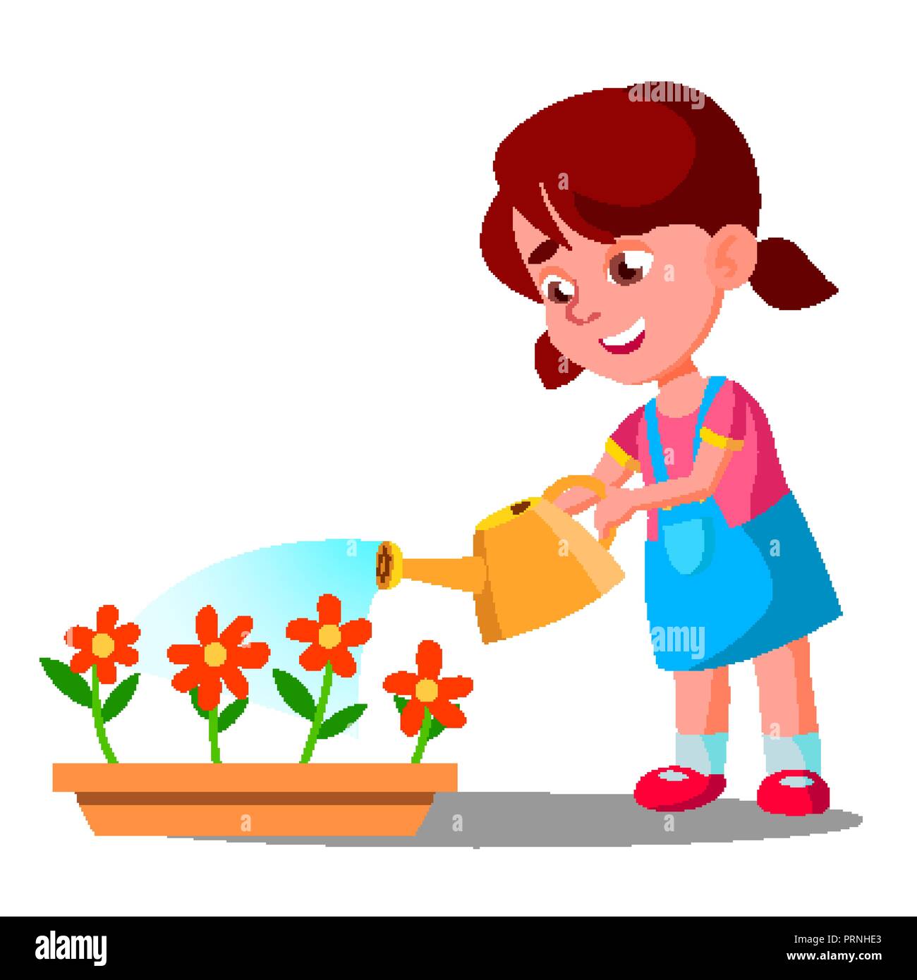 Little Girl Watering Flowers Vector. Help. Isolated Illustration Stock
