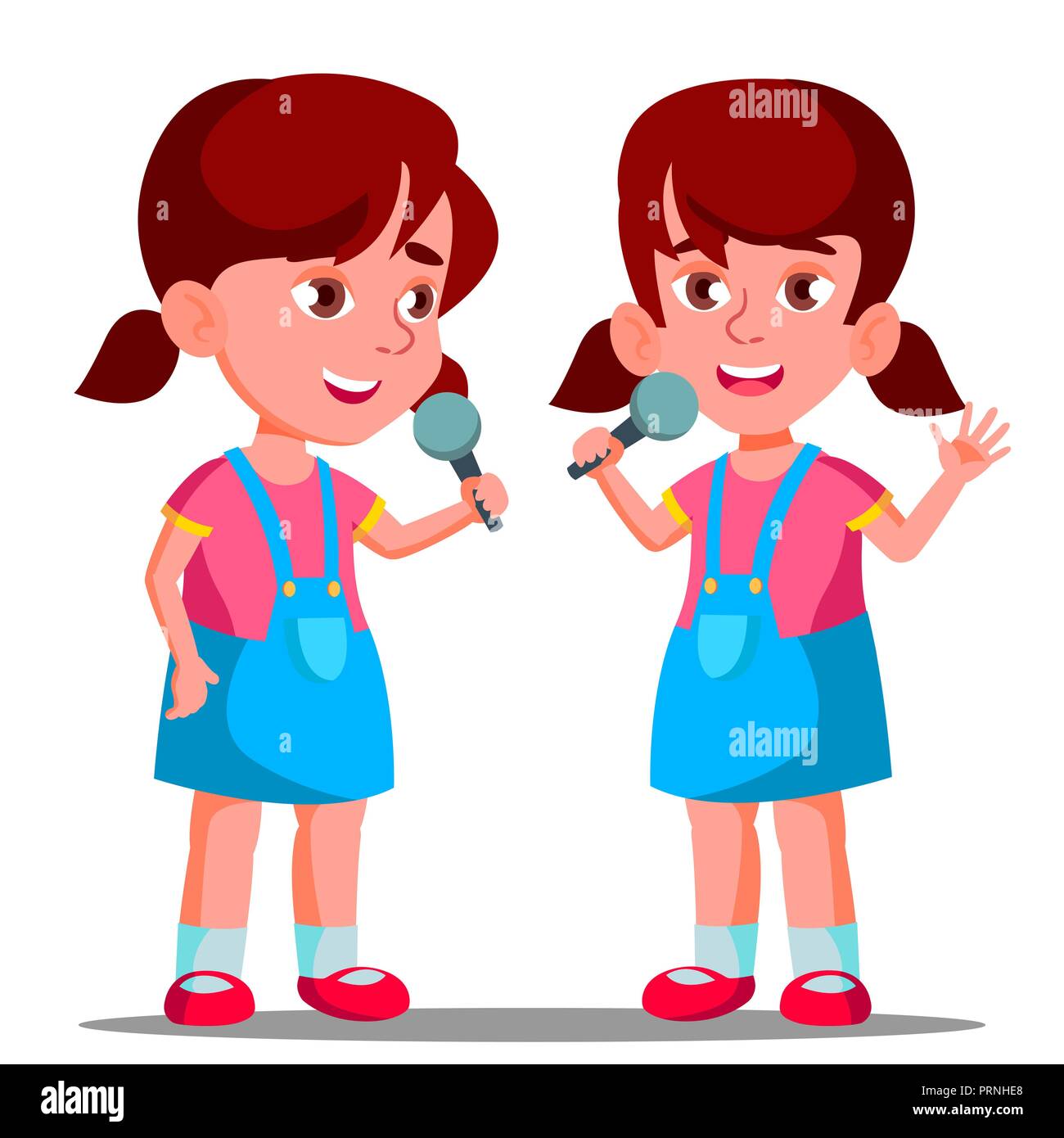 Beautiful Little Girl Sings Into The Microphone Vector. Artist Sing Song. Isolated Illustration