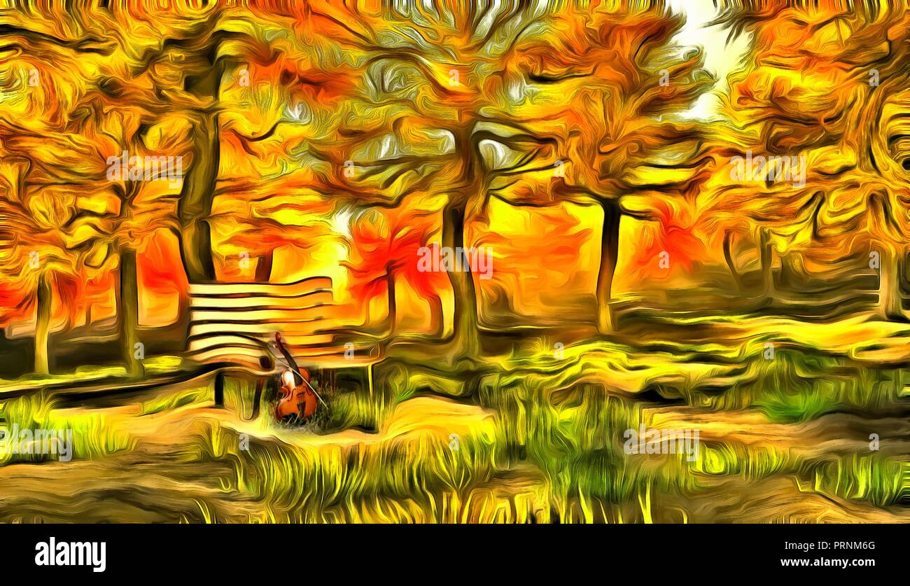 Digital painting in impressionism style. Violin in autumn park Stock Photo  - Alamy