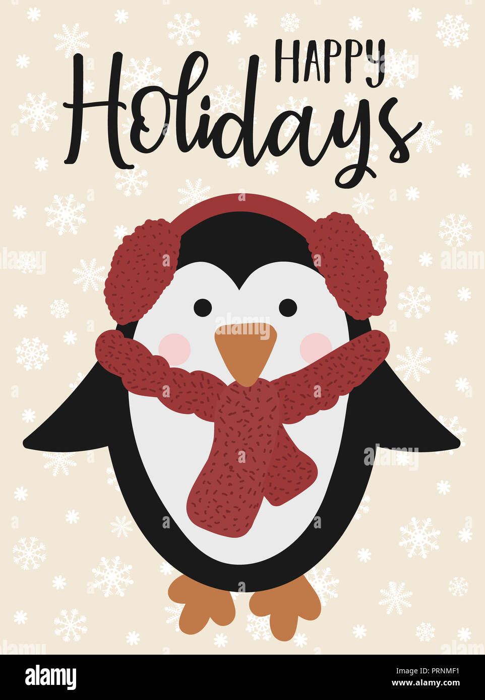 Vector illustration for New Year and Christmas. Hand-drawn image of a cartoon cute penguin in a red scarf on a background of snowflakes with an inscri Stock Photo