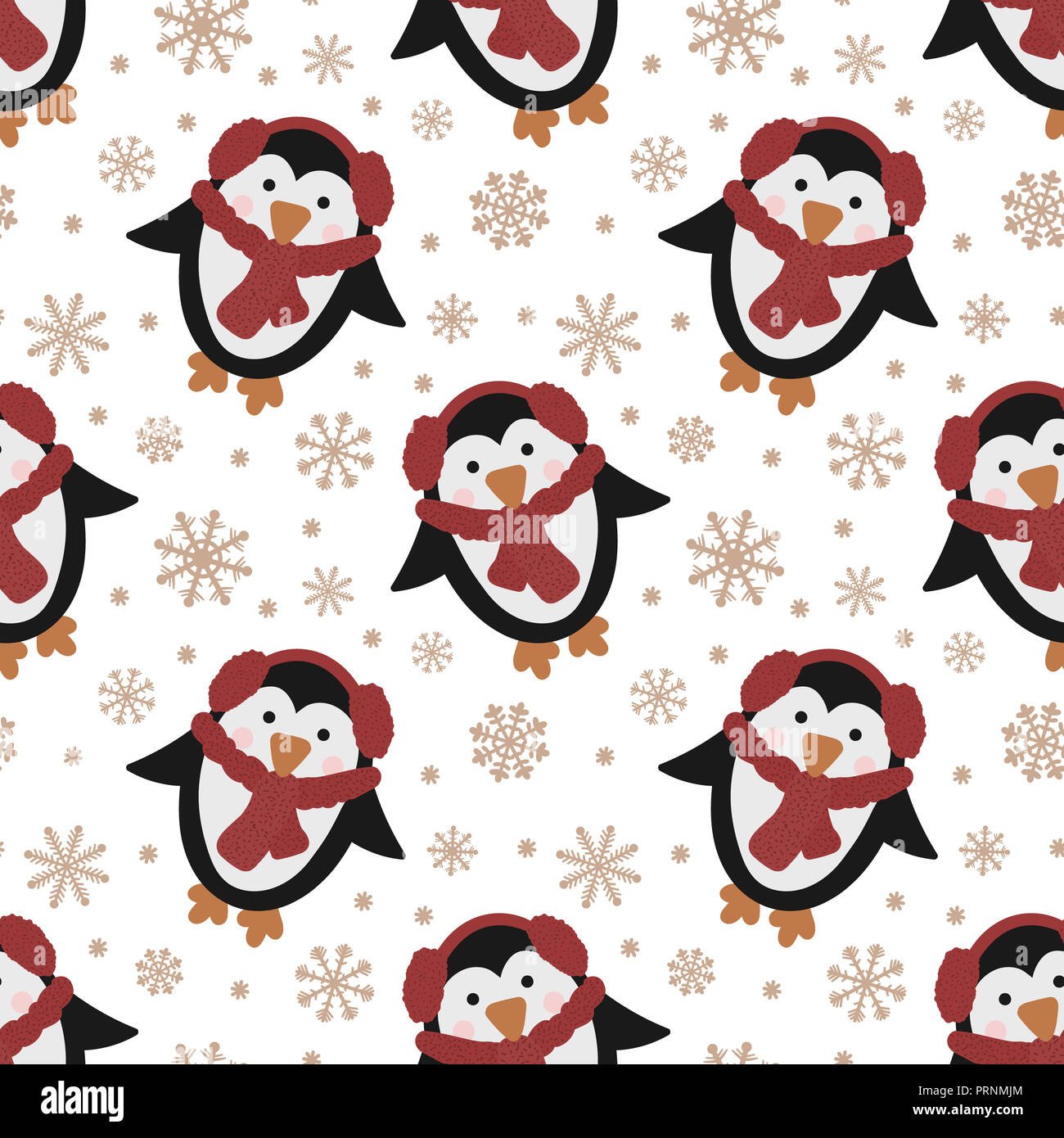 Seamless pattern for Christmas and New Year. Vector hand-drawn illustration of a cute penguin in a red scarf and snowflakes. Stock Photo