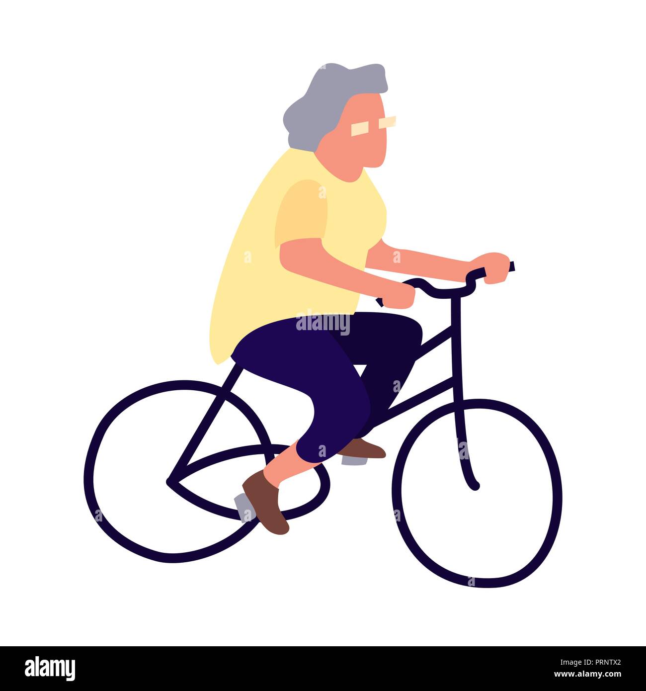 Elderly woman on a bicycle. Activity of the elderly concept. Senior female lifestyle. Mature cyclist leads a healthy lifestyle. Old lady on bike Stock Vector