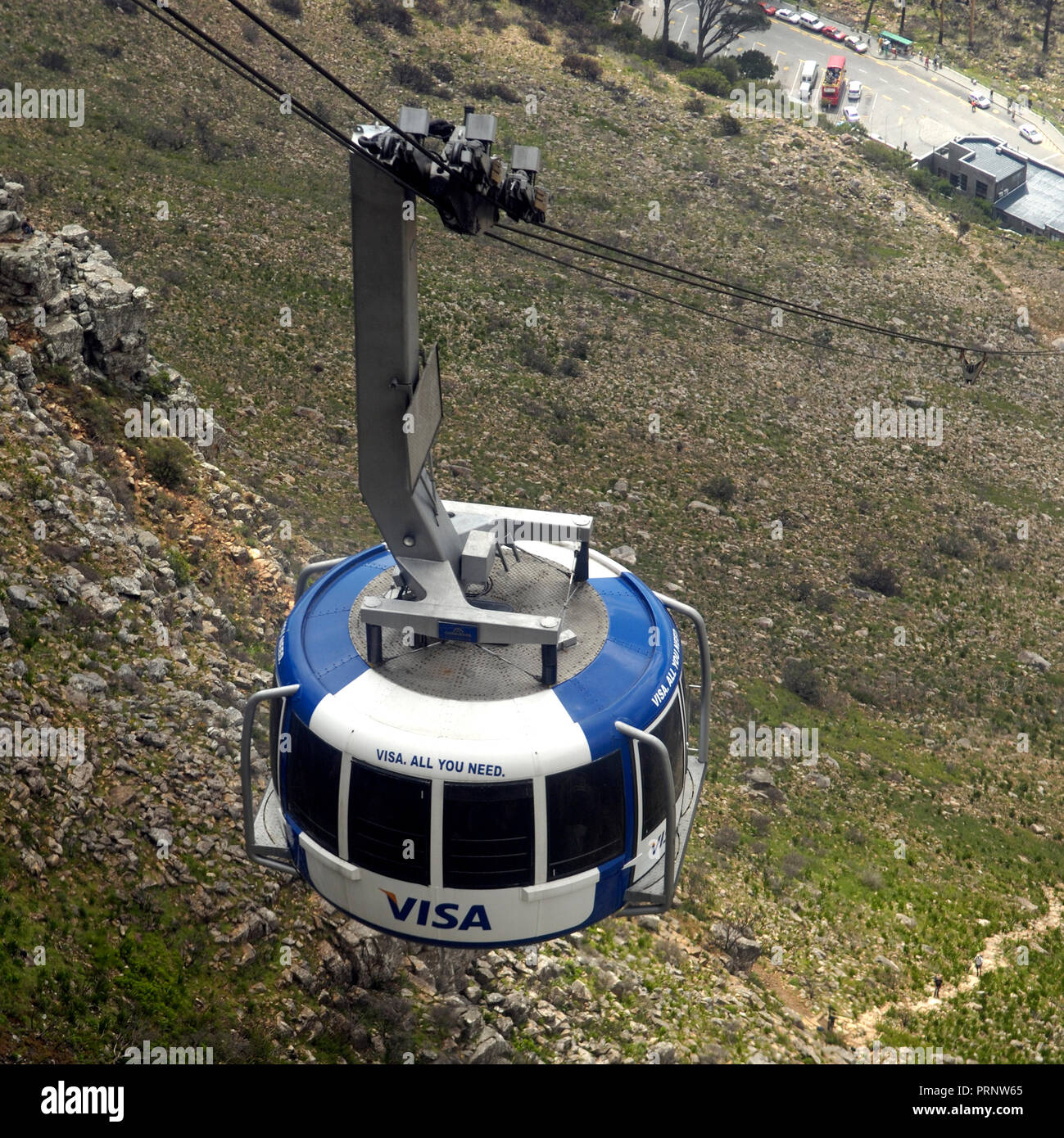 Overhead cable car on the ascent to the top of Table Top Mountain, Cape Town, South Africa, Africa. Stock Photo