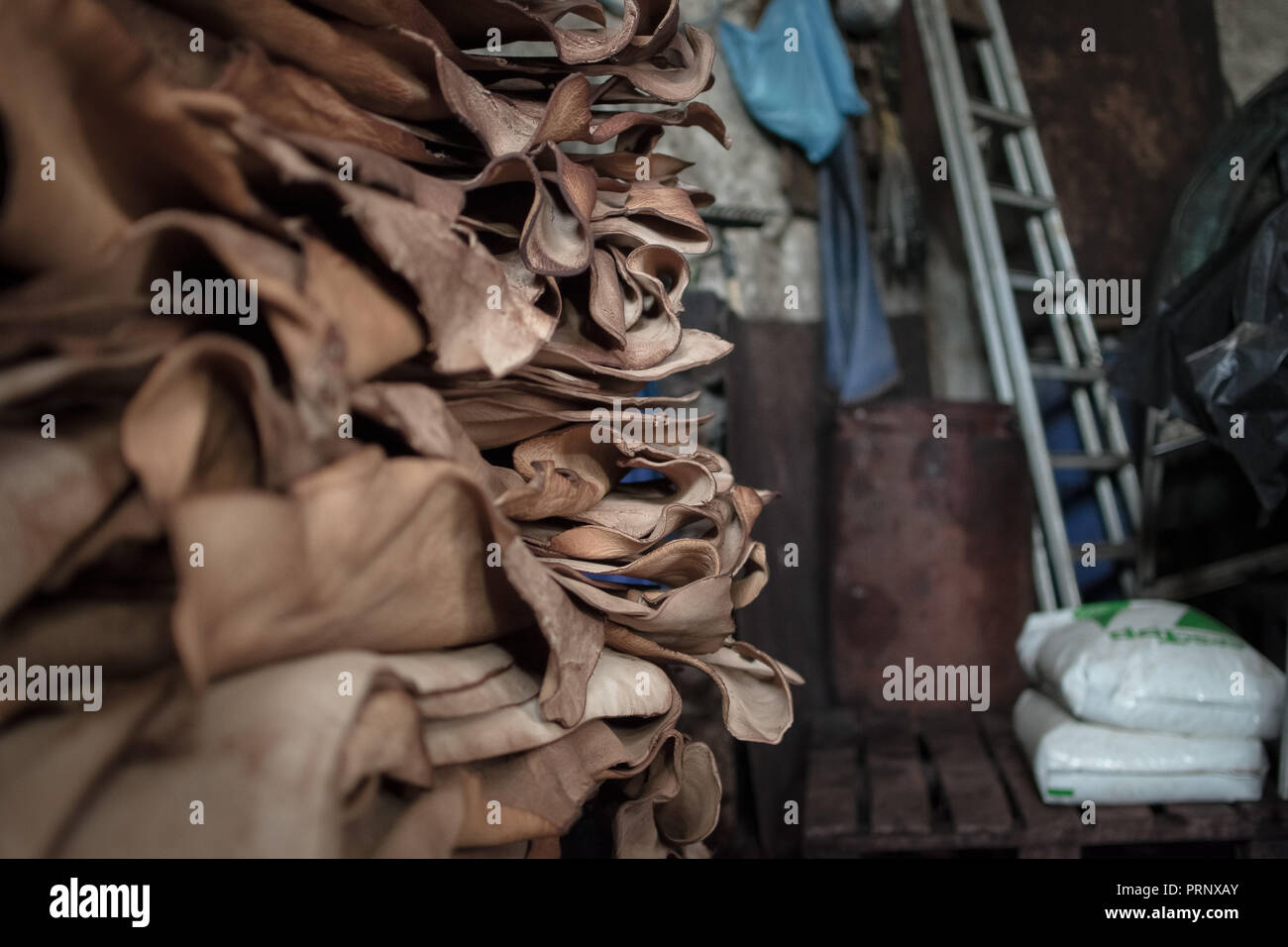 Leathers seen during the leather processing at the leather tannery. Tampakaria is an area in Chania where there are three leather tanneries. In the 50s, there were around 50 leather tanneries. From the 19th century up to the 1980s, leather industries played a special role in the Greek economy. However this industry is in constant steady decline in recent years. Stock Photo