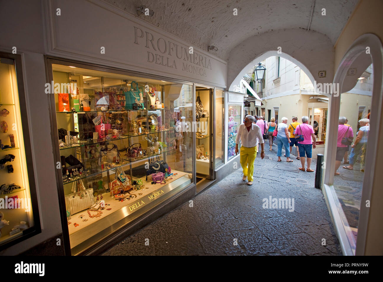 Luxury shops at a passage, old town of Capri island, Gulf of Naples
