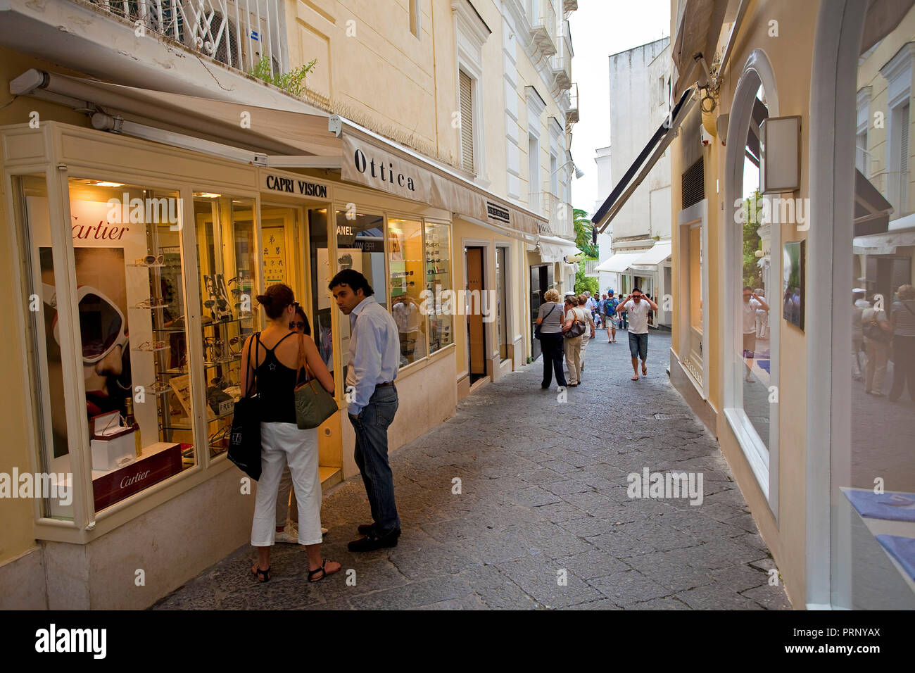 Luxury shops at a alley, old town of Capri island, Gulf of Naples, Campania, Italy Stock Photo