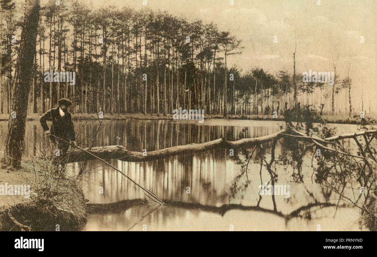 Boy fishing at a lake, 1922 Stock Photo