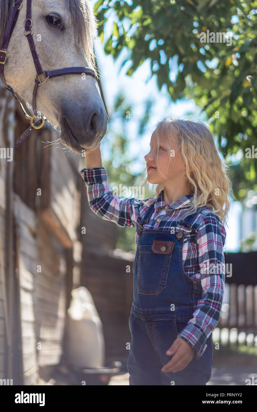 side view of pre-adolescent child touching white horse at farm Stock Photo