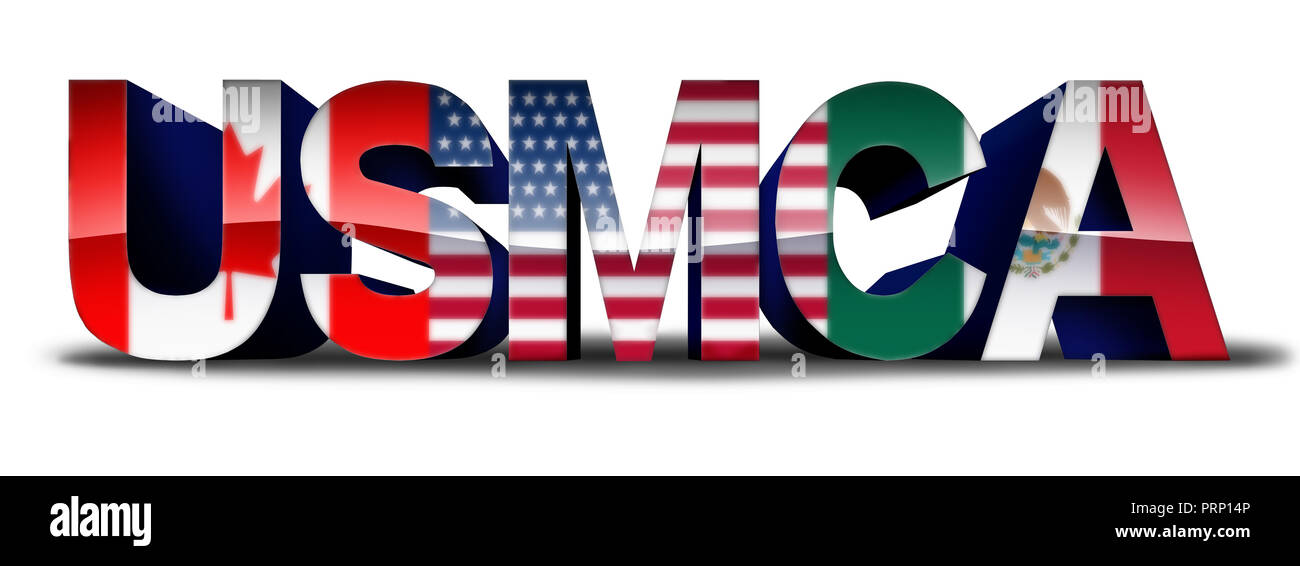 USMCA or the new NAFTA United States Mexico Canada agreement symbol with north america flags as a trade deal negotiation and economic deal. Stock Photo