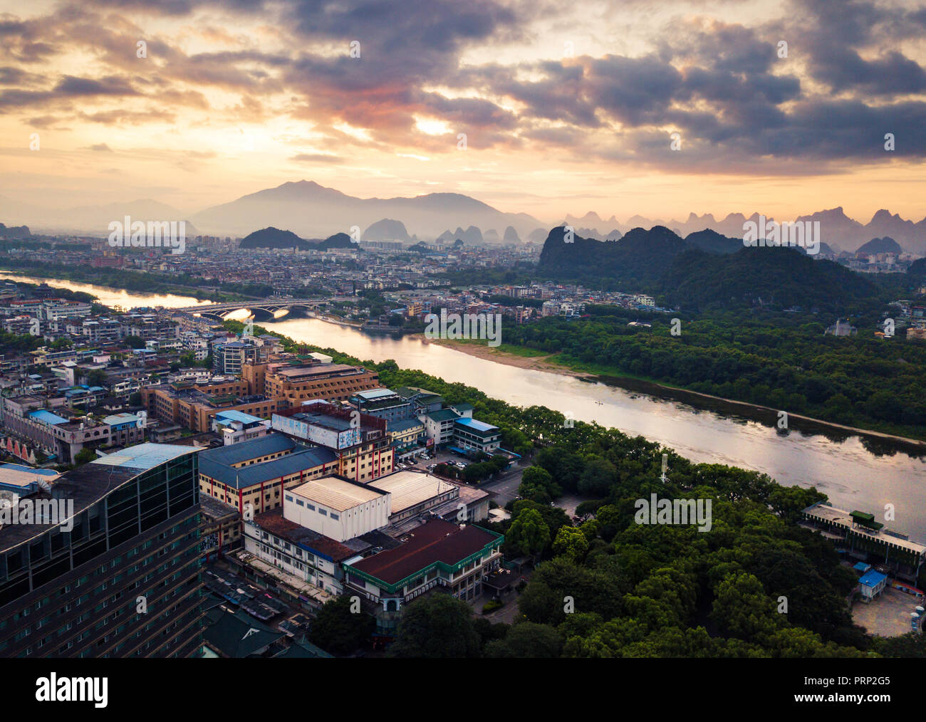 Beautiful sunrise over Li river in Guilin, China aerial view Stock Photo