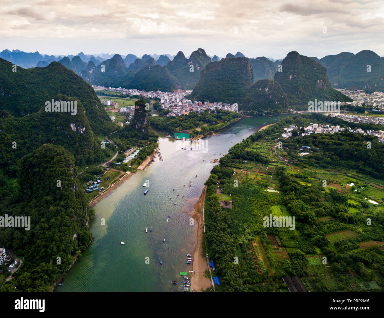 Yangshuo county and Li river in Guilin, China aerial view Stock Photo