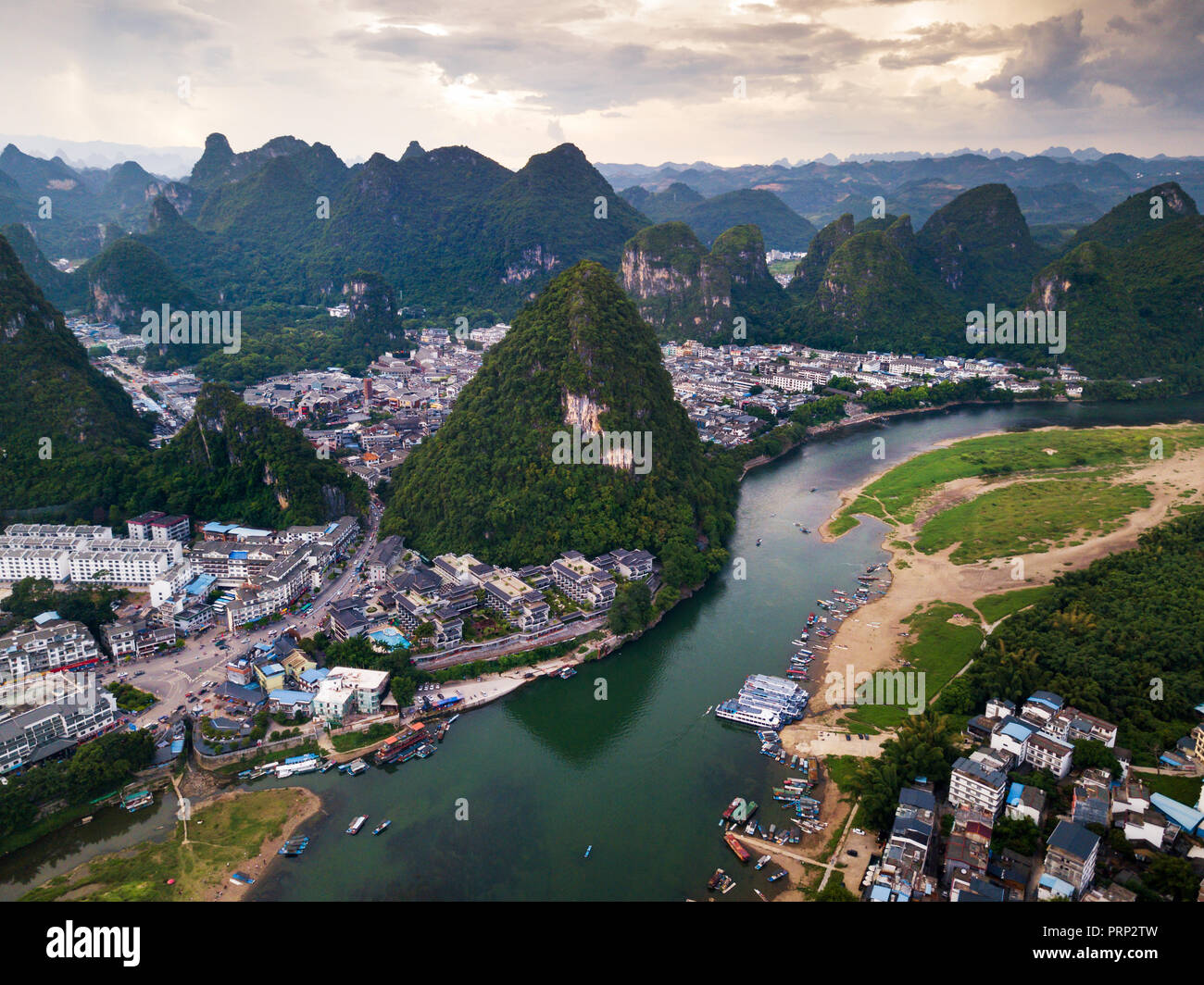 Yangshuo county and Li river in Guilin, China aerial view Stock Photo