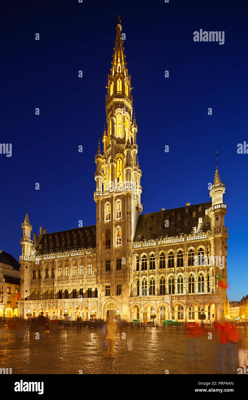 The famous town hall of Brussels, Hotel de Ville with night blue sky and illumination. Taken with a tilt and shift lens. Stock Photo